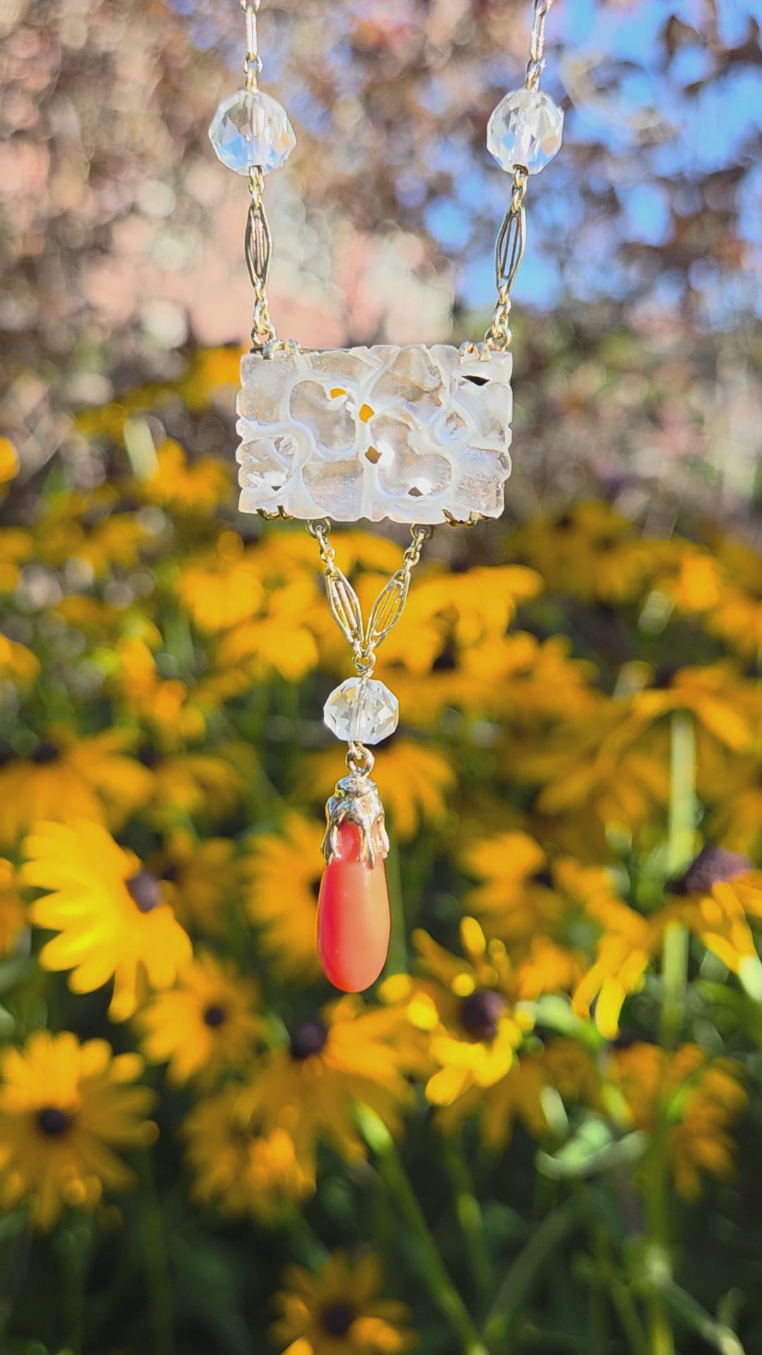 Art Nouveau Rock Crystal Quartz and Coral Drop Necklace in 14k Yellow Gold