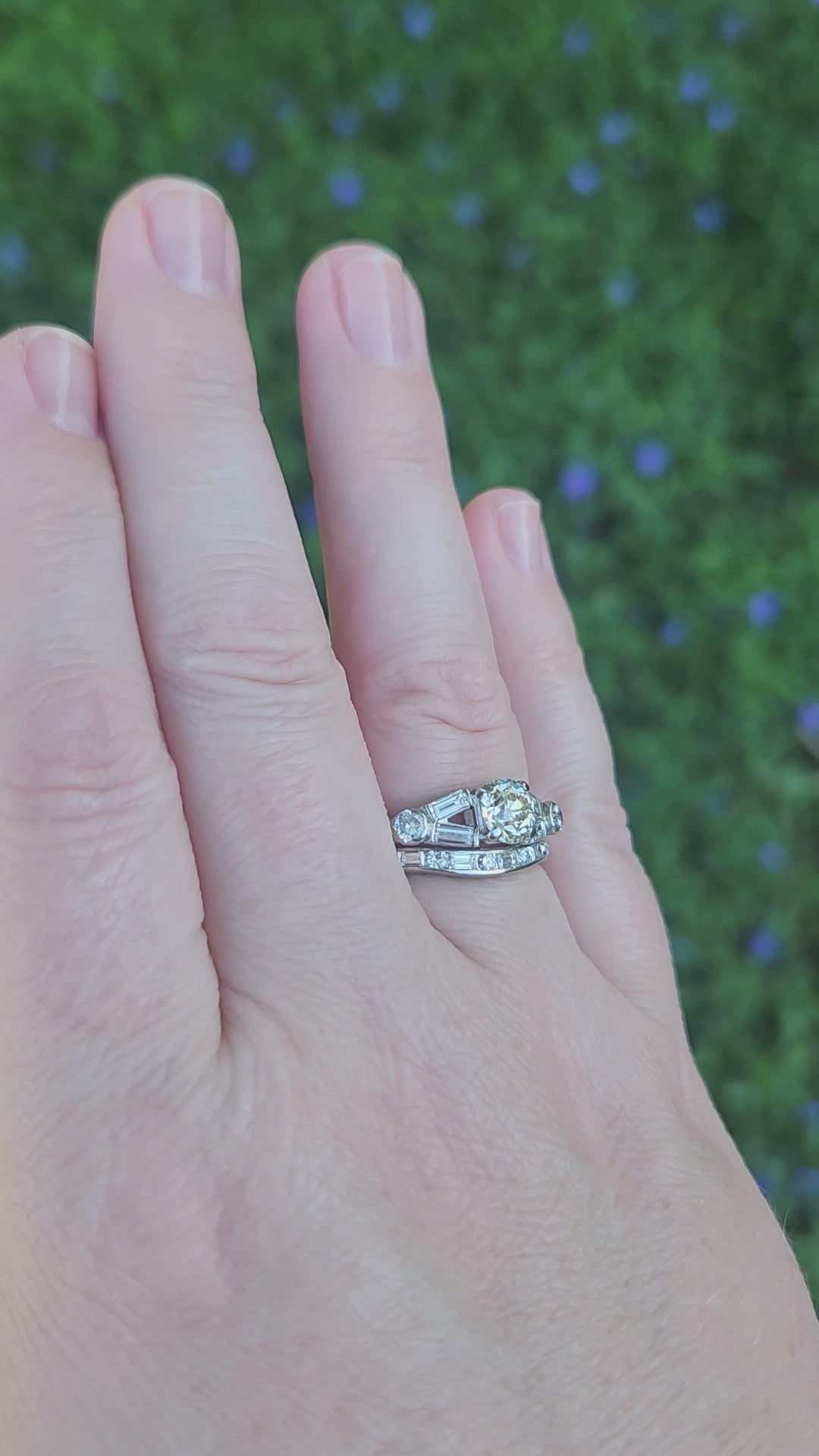 Mid-Century Old European Cut Diamond Engagement and Wedding Band Ring Set in Platinum