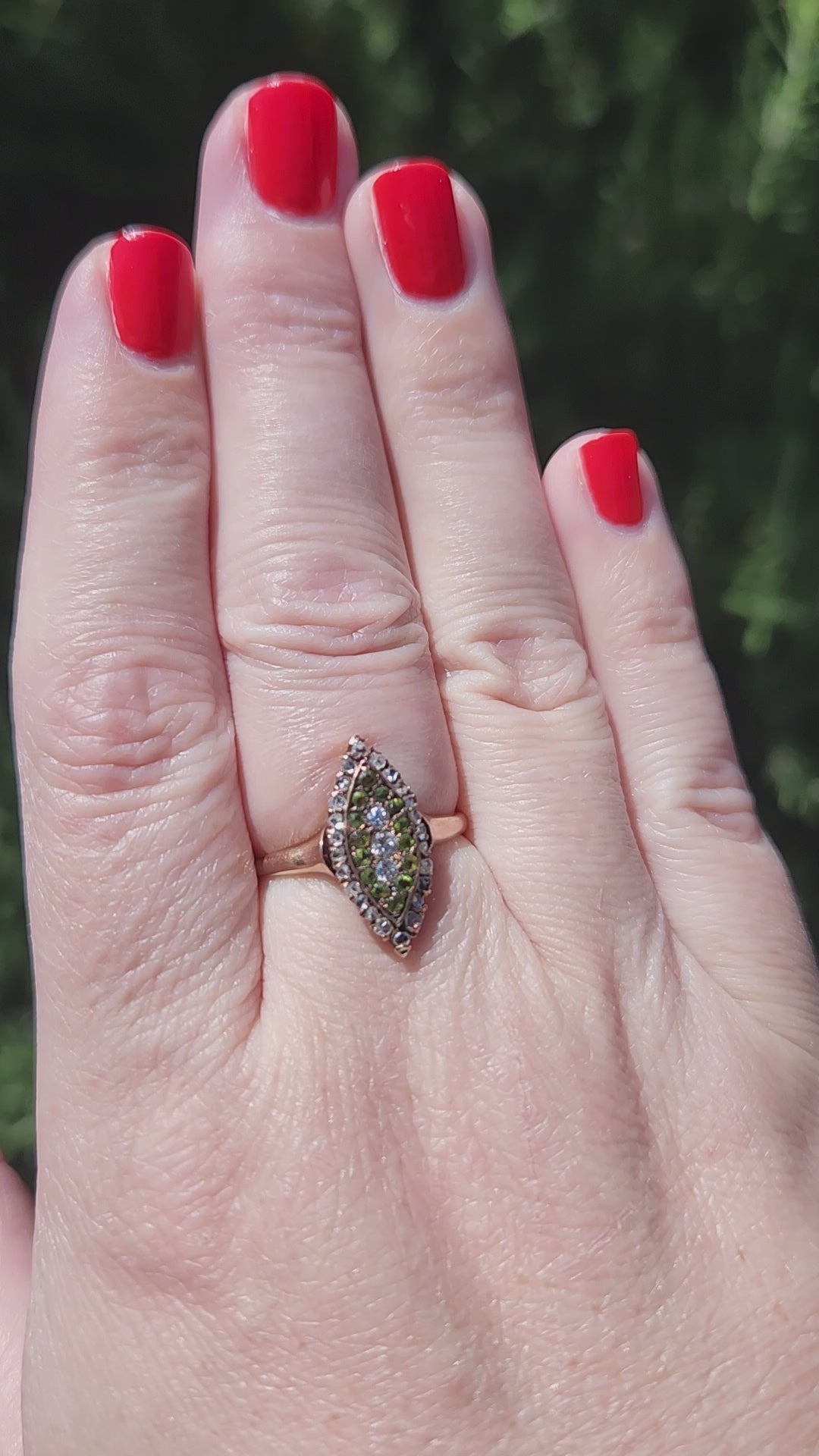 Victorian Old Mine Rose Cut Diamond & Demantoid Garnet Navette Ring in 10k Rose Gold
