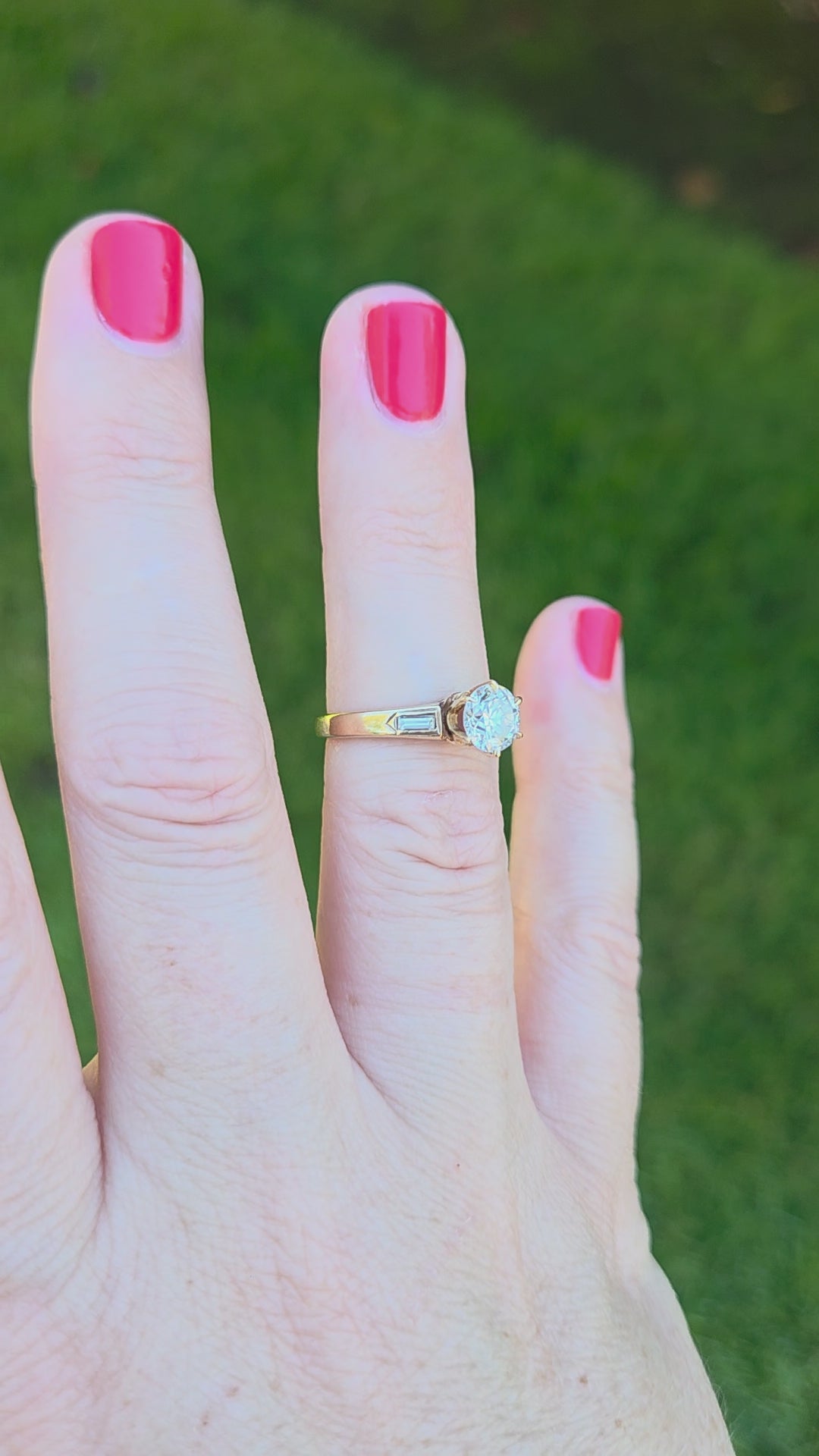 Old European and Baguette Cut Diamond Three Stone Ring in 14k Yellow Gold 