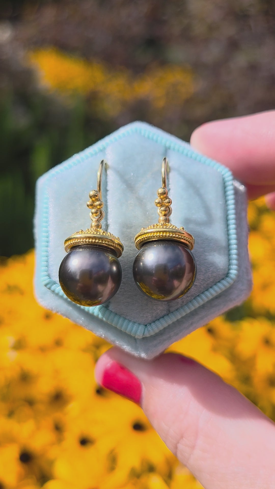 Sleek Black Tahitian Pearl Dangle Earrings in 18k Yellow Gold