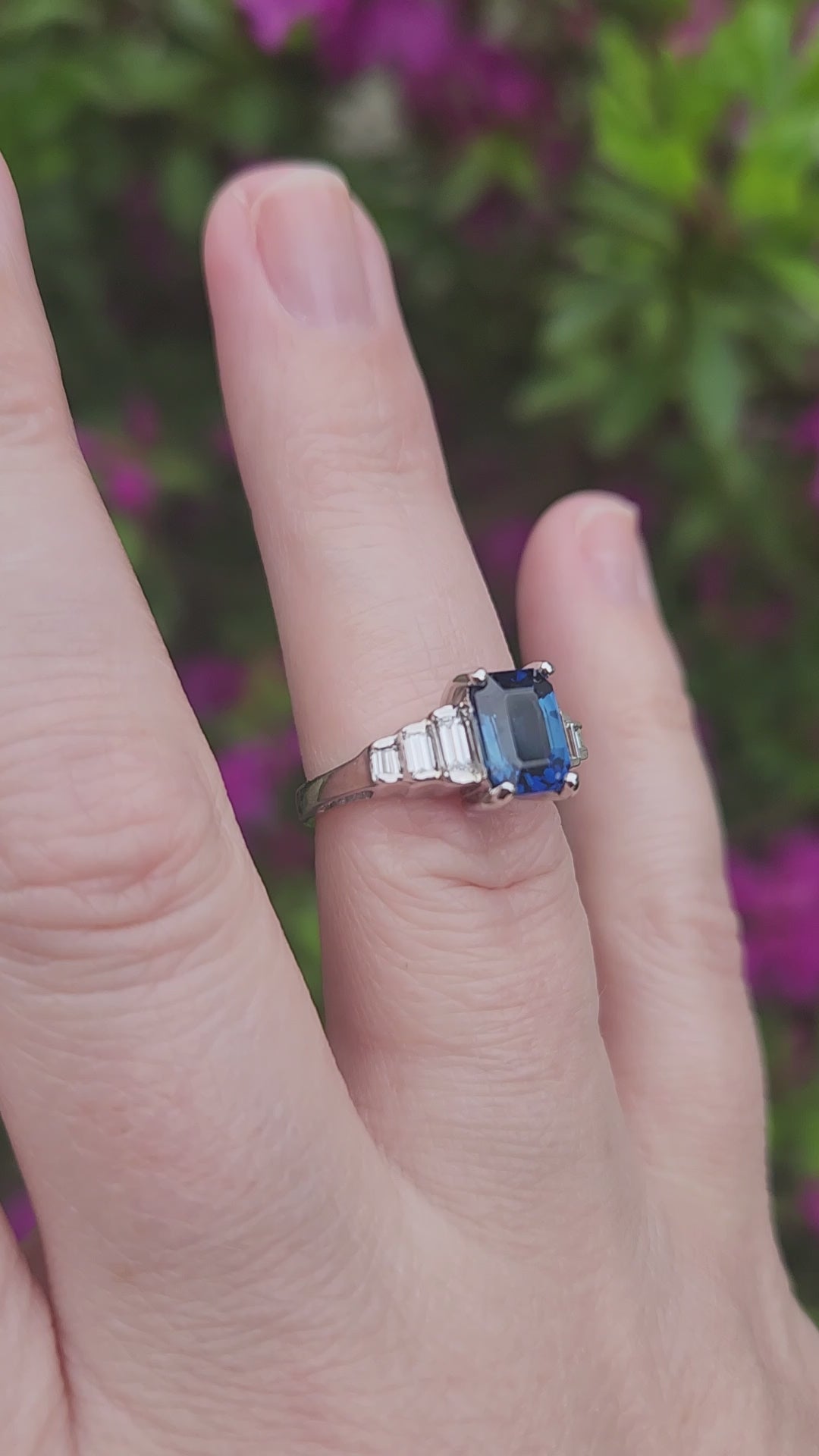 Sleek GIA Certified Blue Sapphire and Baguette Diamond Ring in 18k White Gold