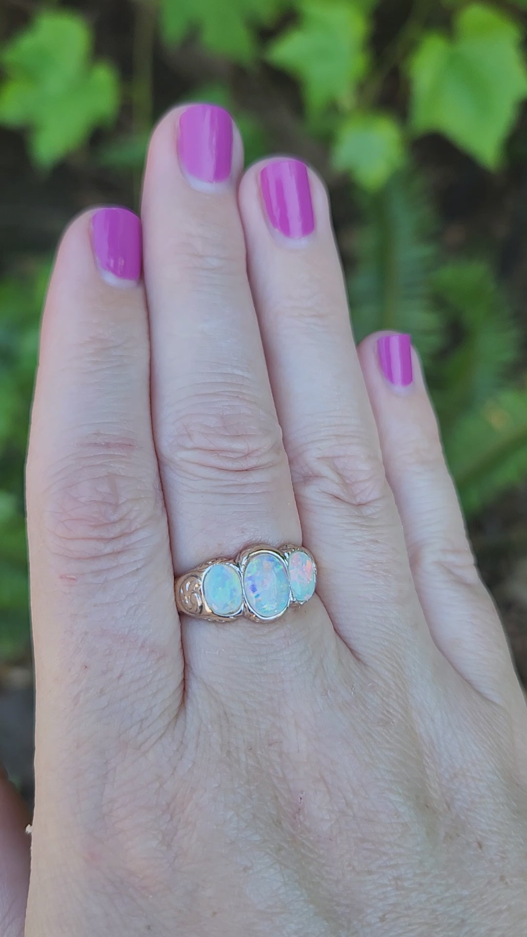 Late Victorian Bezel Set Opal Three Stone Engraved Band Ring in 14k Yellow Gold