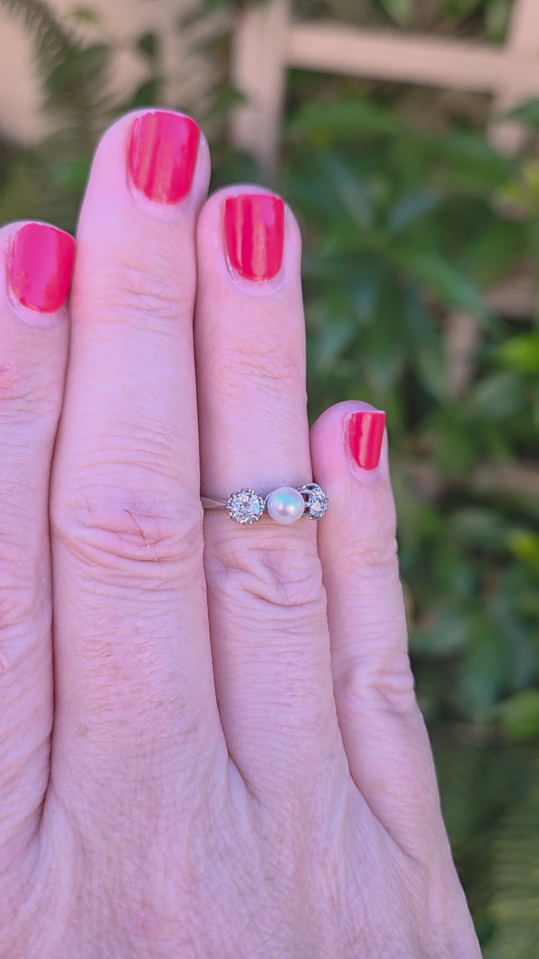 Edwardian Pearl and Old Mine Cut Diamond Three Stone Ring in Platinum
