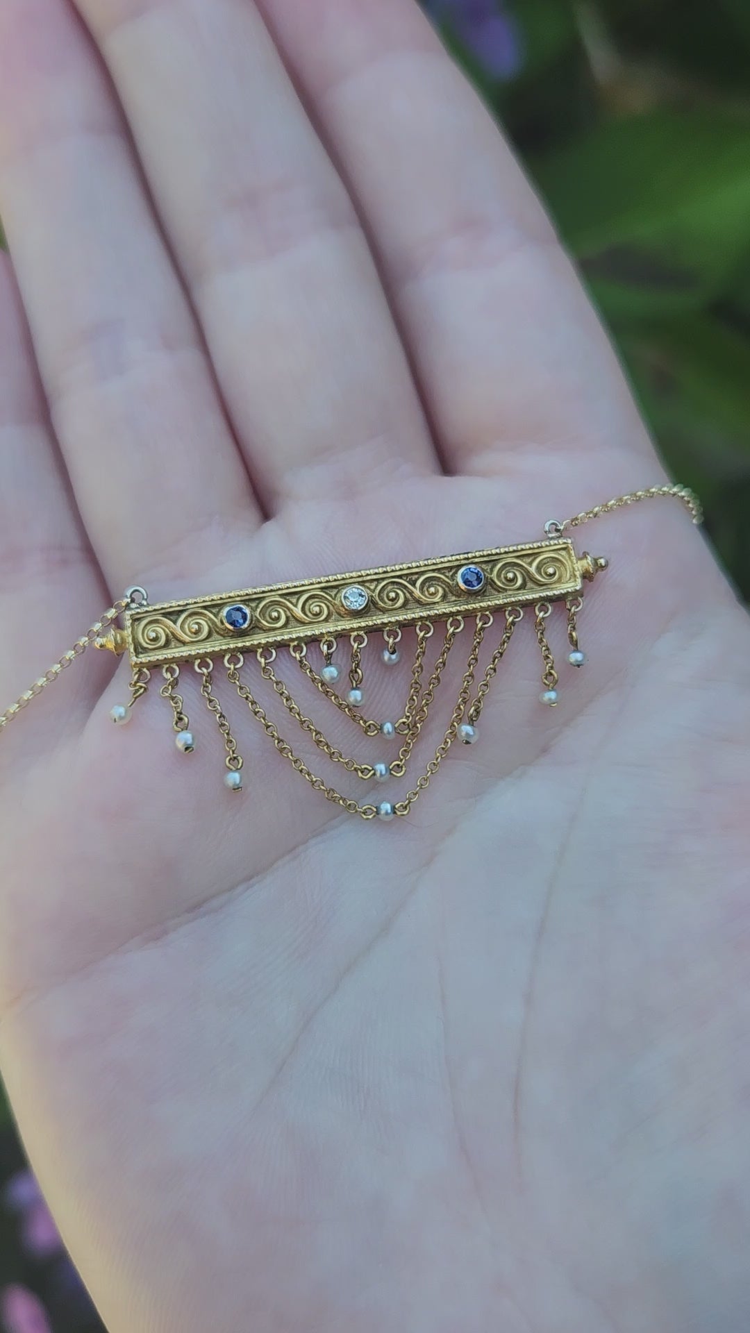  Victorian Sapphire Diamond Pearl Swag Pendant Necklace 10k Gold on 14k Yellow Gold Chain