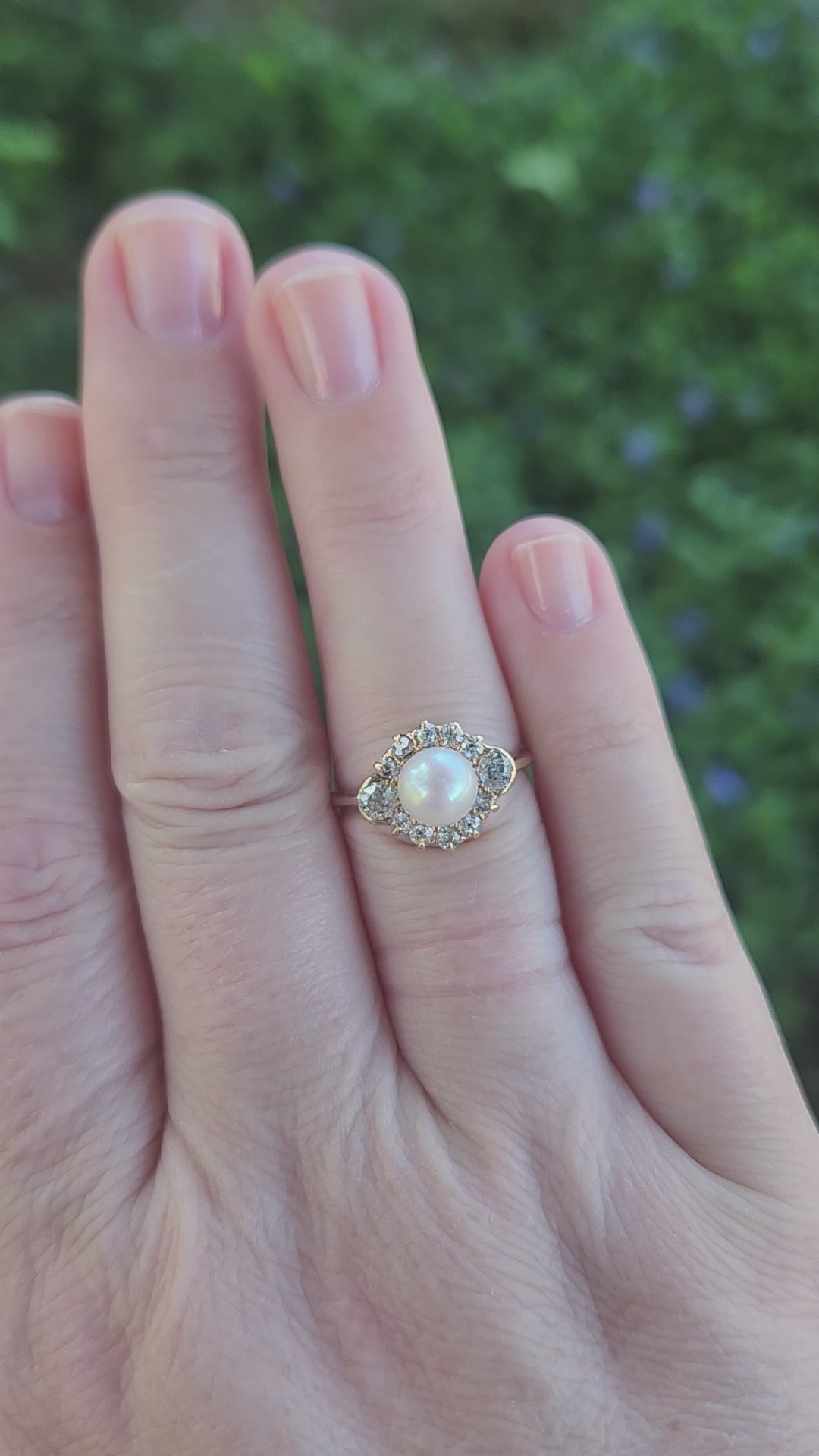 Glorious Victorian Pearl and Old Cut Diamond Ring in 14k Yellow Gold
