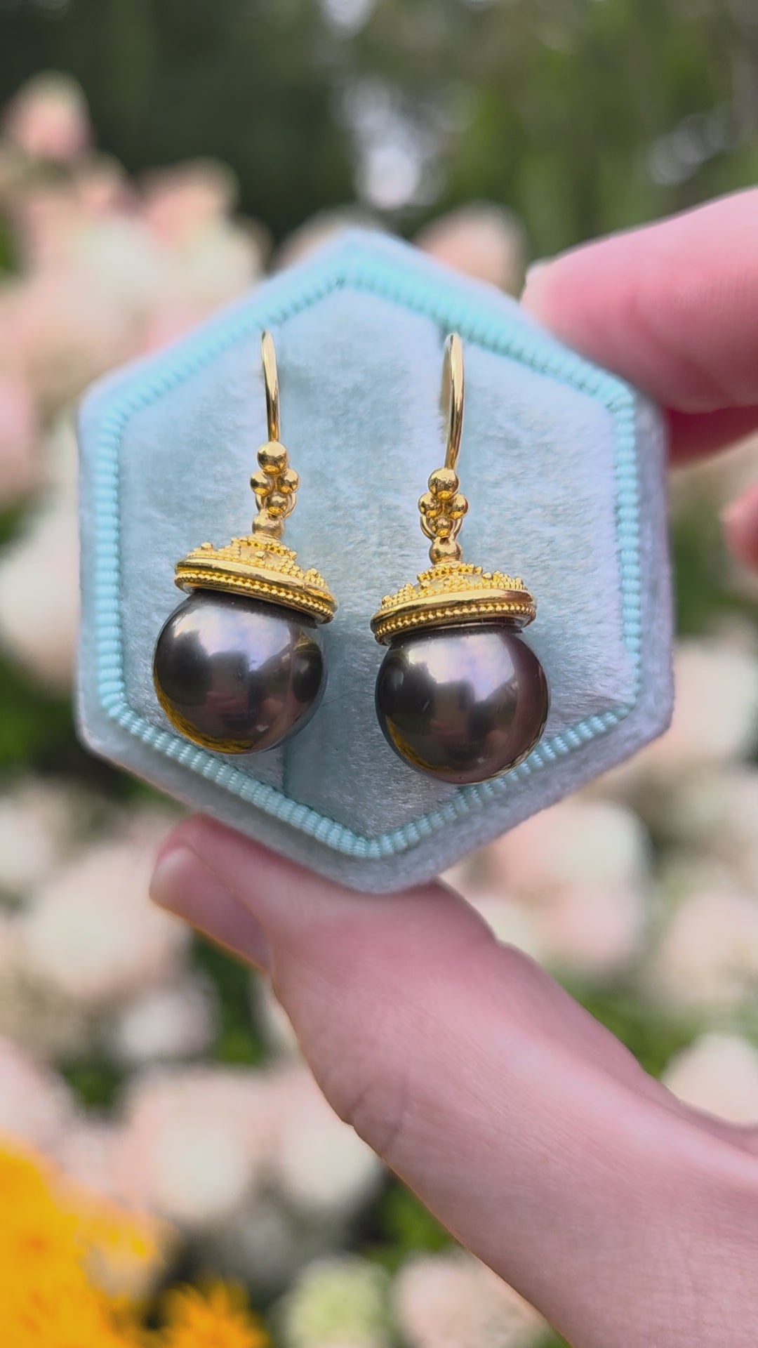 Sleek Black Tahitian Pearl Dangle Earrings in 18k Yellow Gold