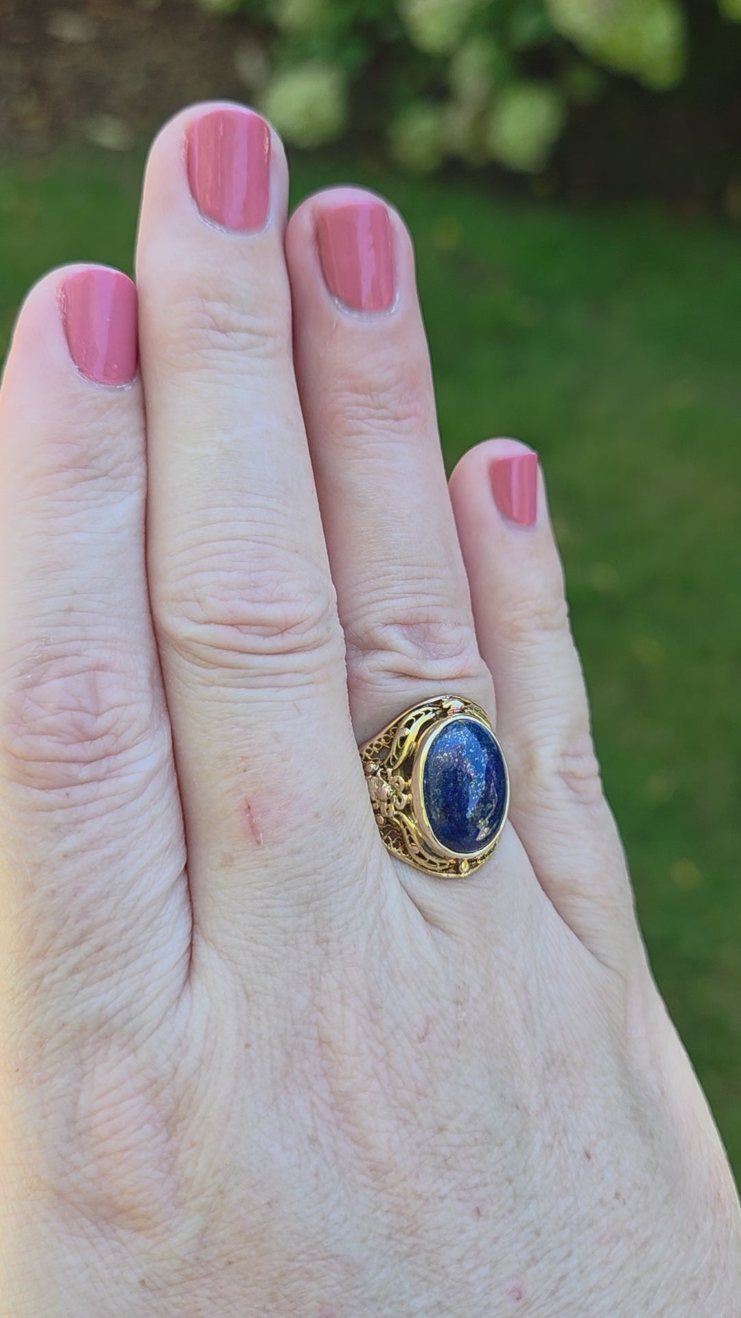 Antique Bezel Set Lapis Statement Ring in 18k Yellow Gold