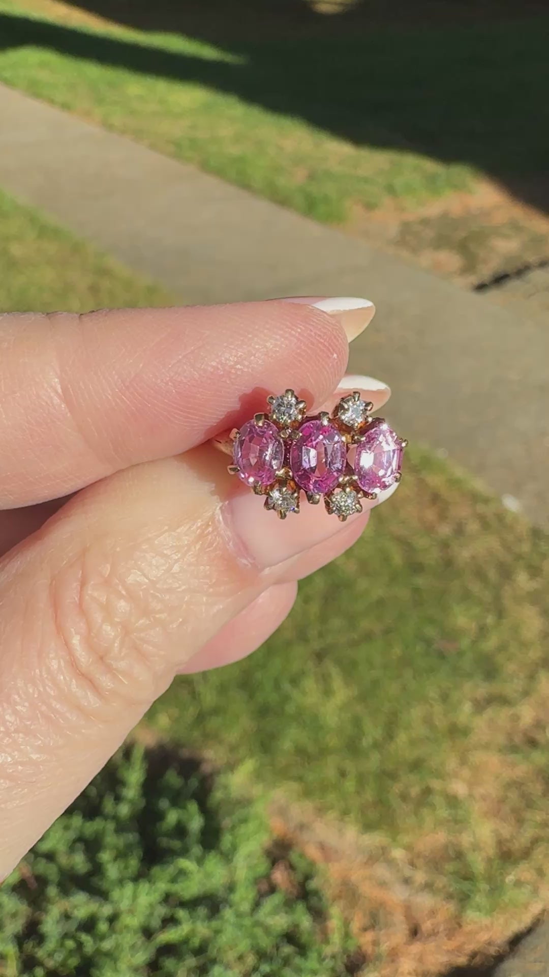 Victorian Pink Sapphire and Diamond Trilogy Three Stone Ring in 14k Rosy Gold