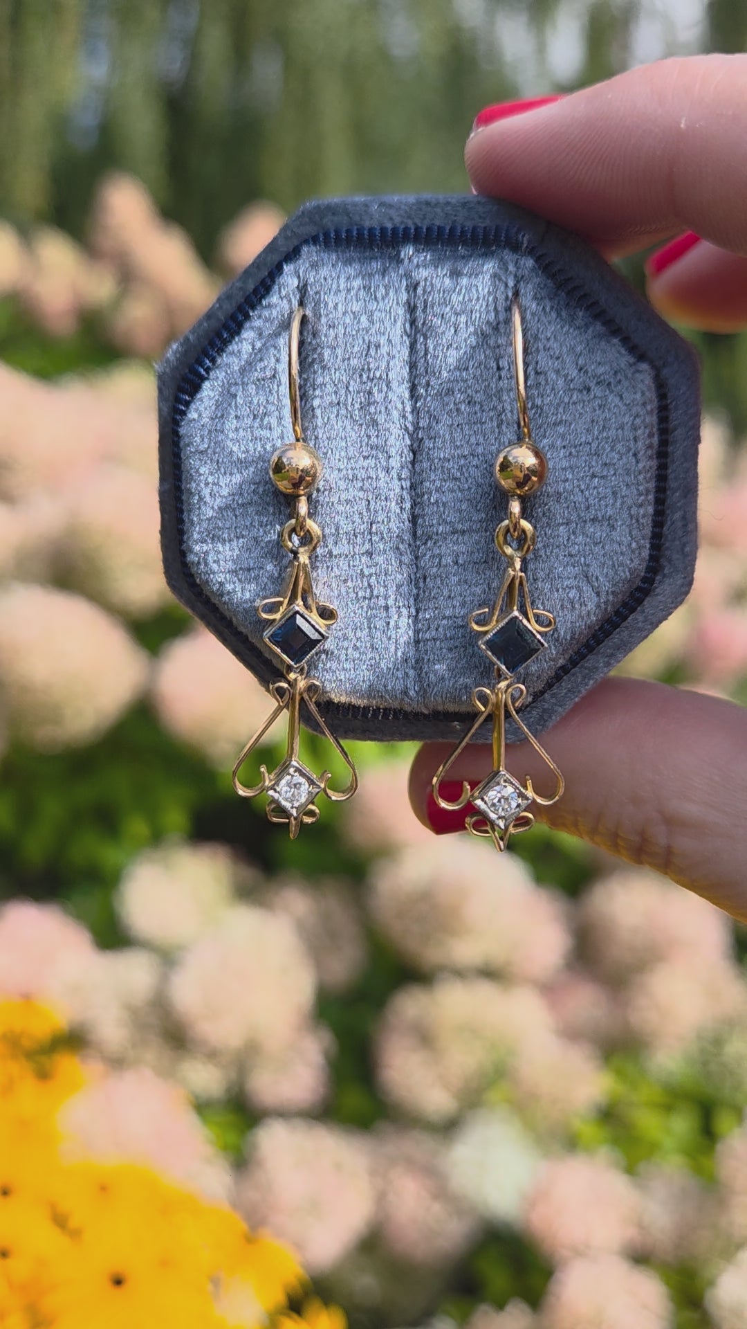 Fantastic Art Deco Old Cut Diamond and Sapphire Dangle Earrings in 18k Yellow Gold