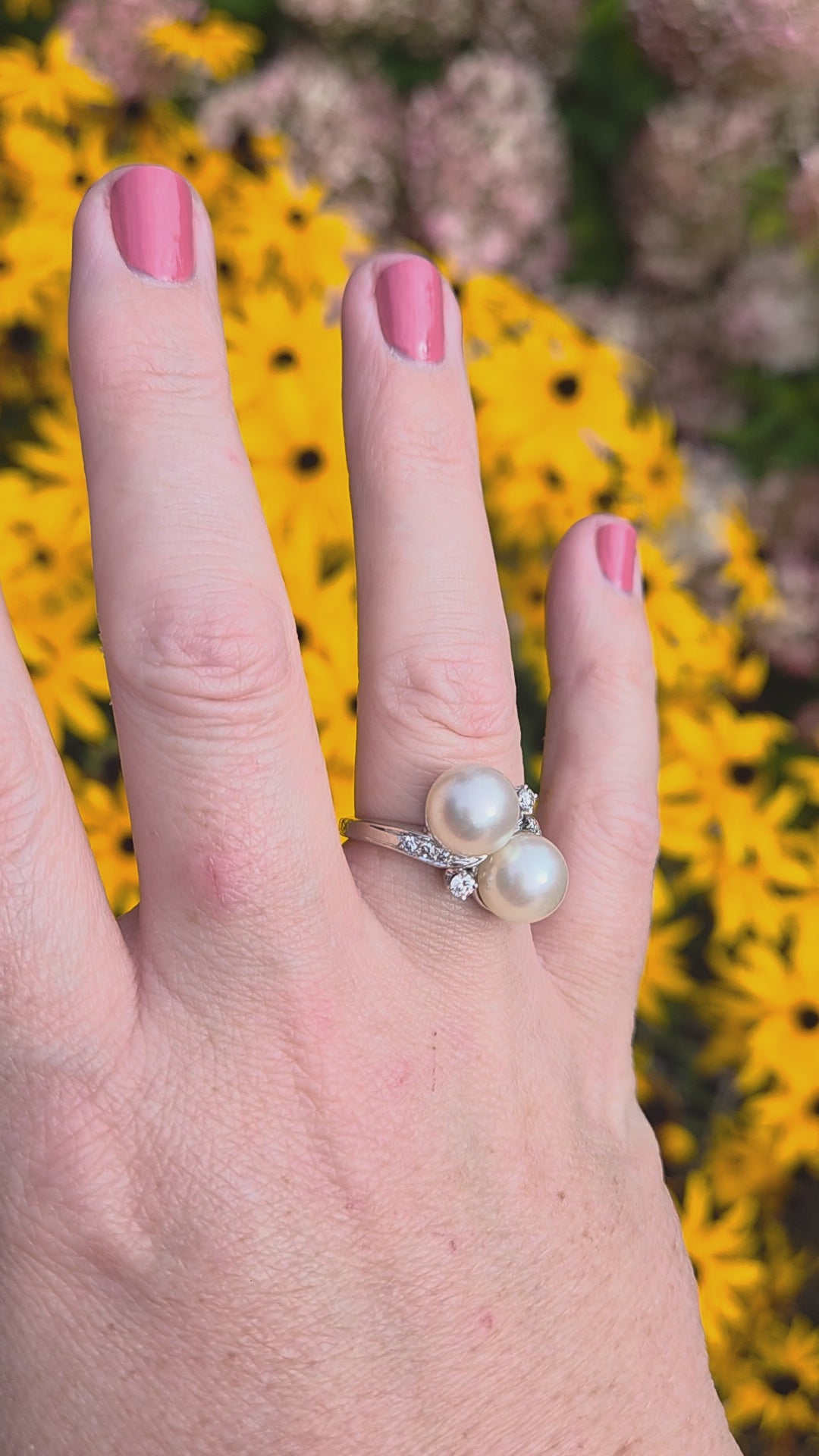 Glowing Double Akoya Pearl and Diamond Bypass Statement Ring in 14k White Gold