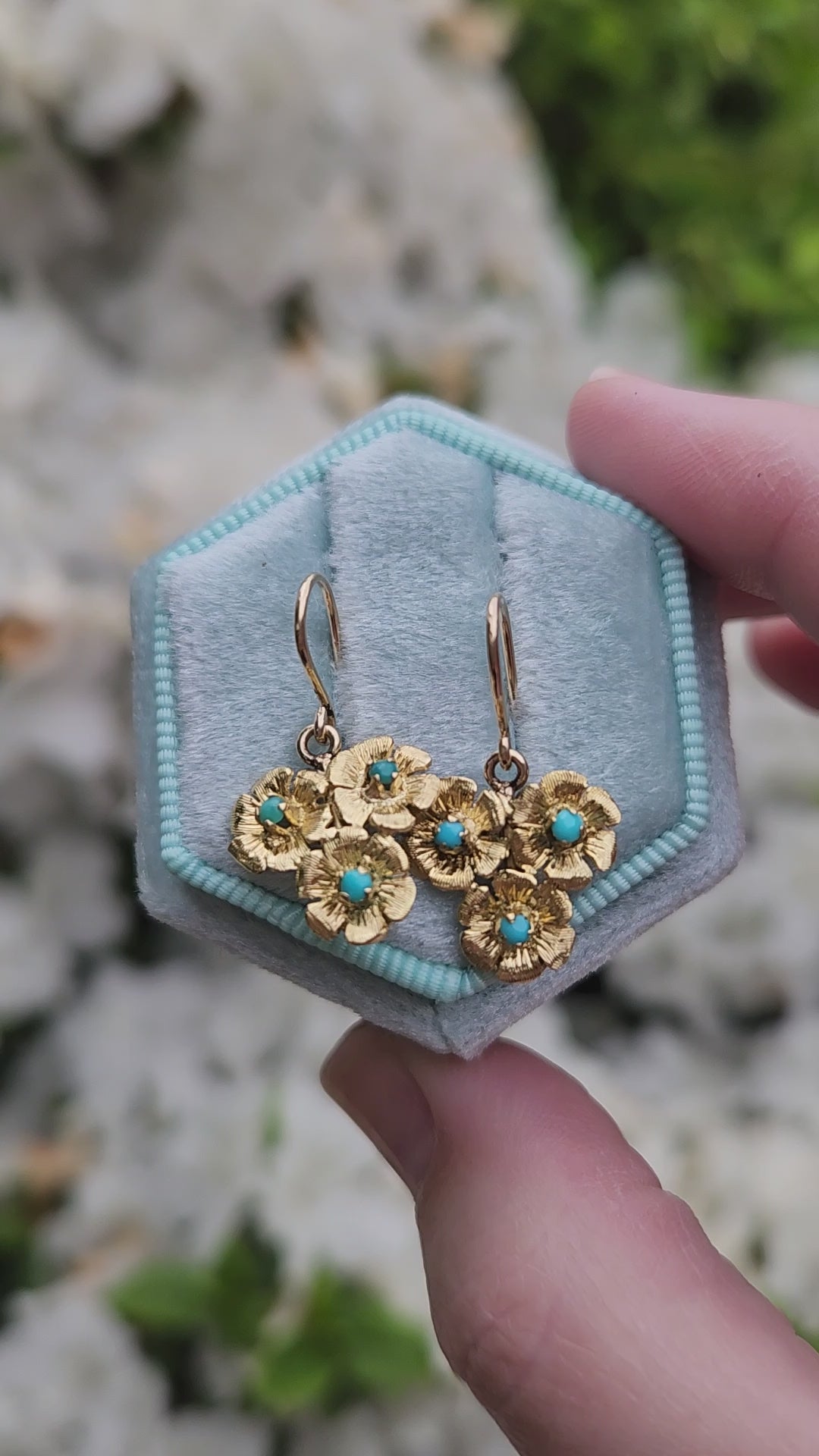 Antique Turquoise Floral Flower Trio Dangle Earrings in 18k Yellow Gold by Birks