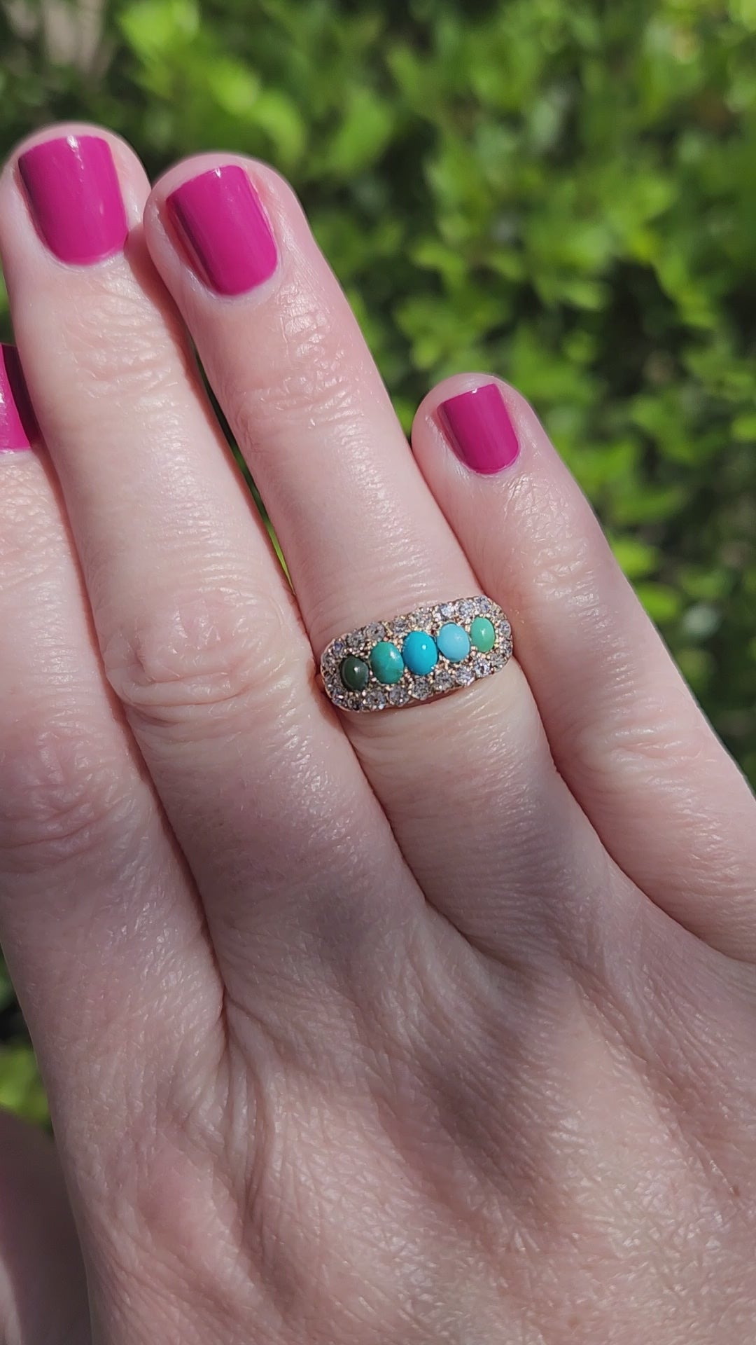 Victorian Shades of Turquoise and Old Cut Diamond Band Ring in 14k Yellow Gold