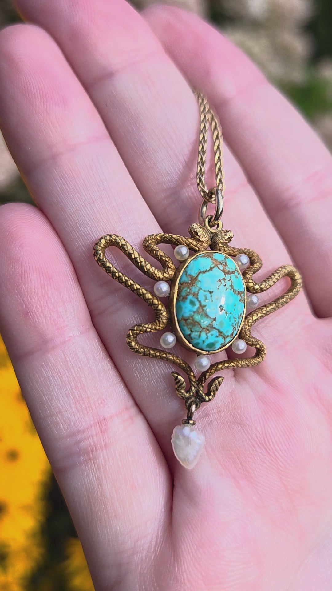 Art Nouveau Turquoise & Pearl Serpent Snake Pendant Necklace in 14k Gold 