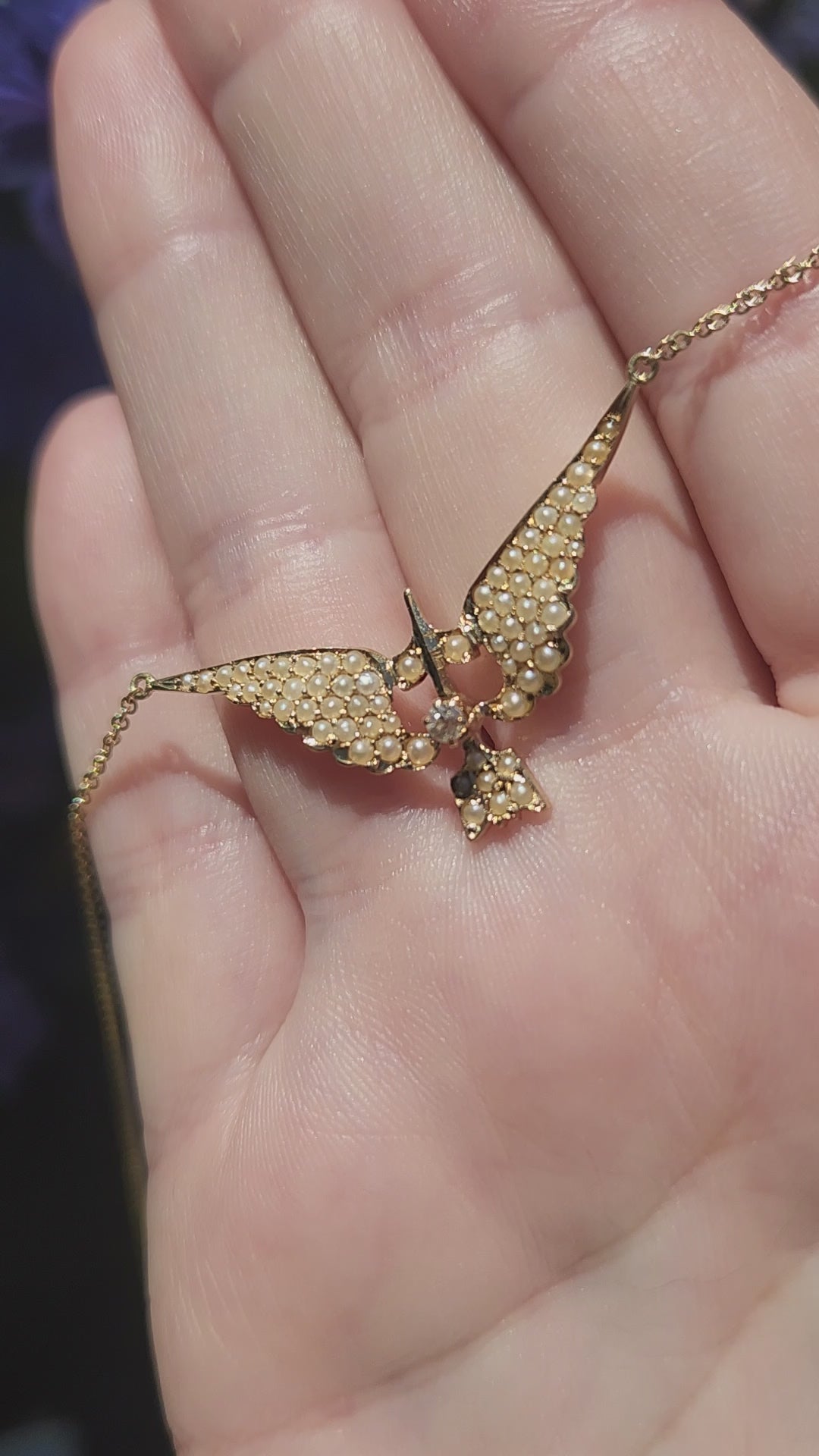 Victorian Old Mine Cut & Seed Pearl Swallow Bird Necklace in 10k with 14k Chain