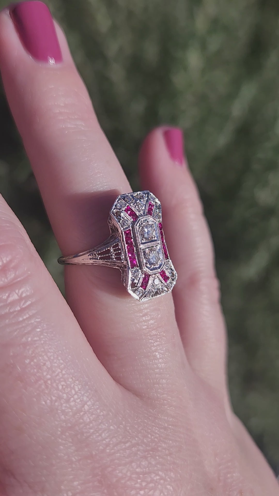 Art Deco Old European Cut and Ruby Cocktail Ring in Platinum