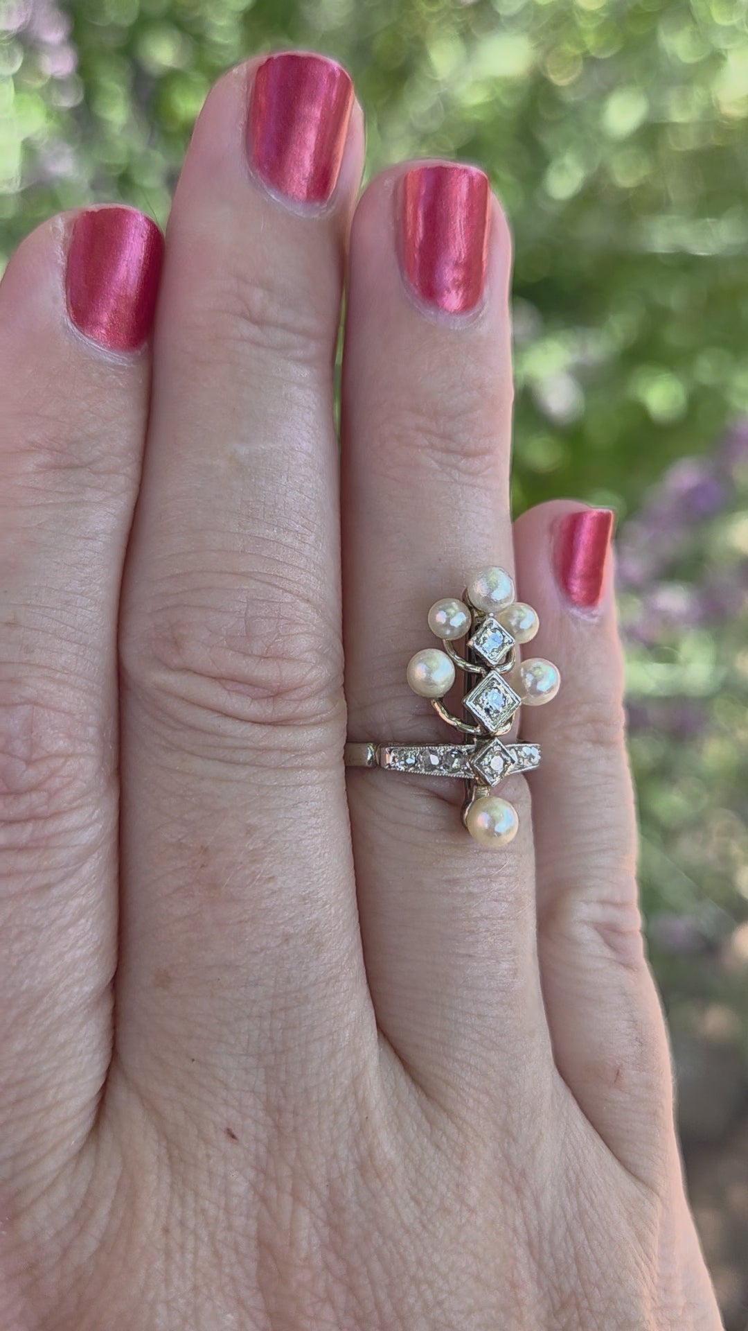 Antique Edwardian Pearl and Diamond Tiara Ring in Platinum and 14k White Gold