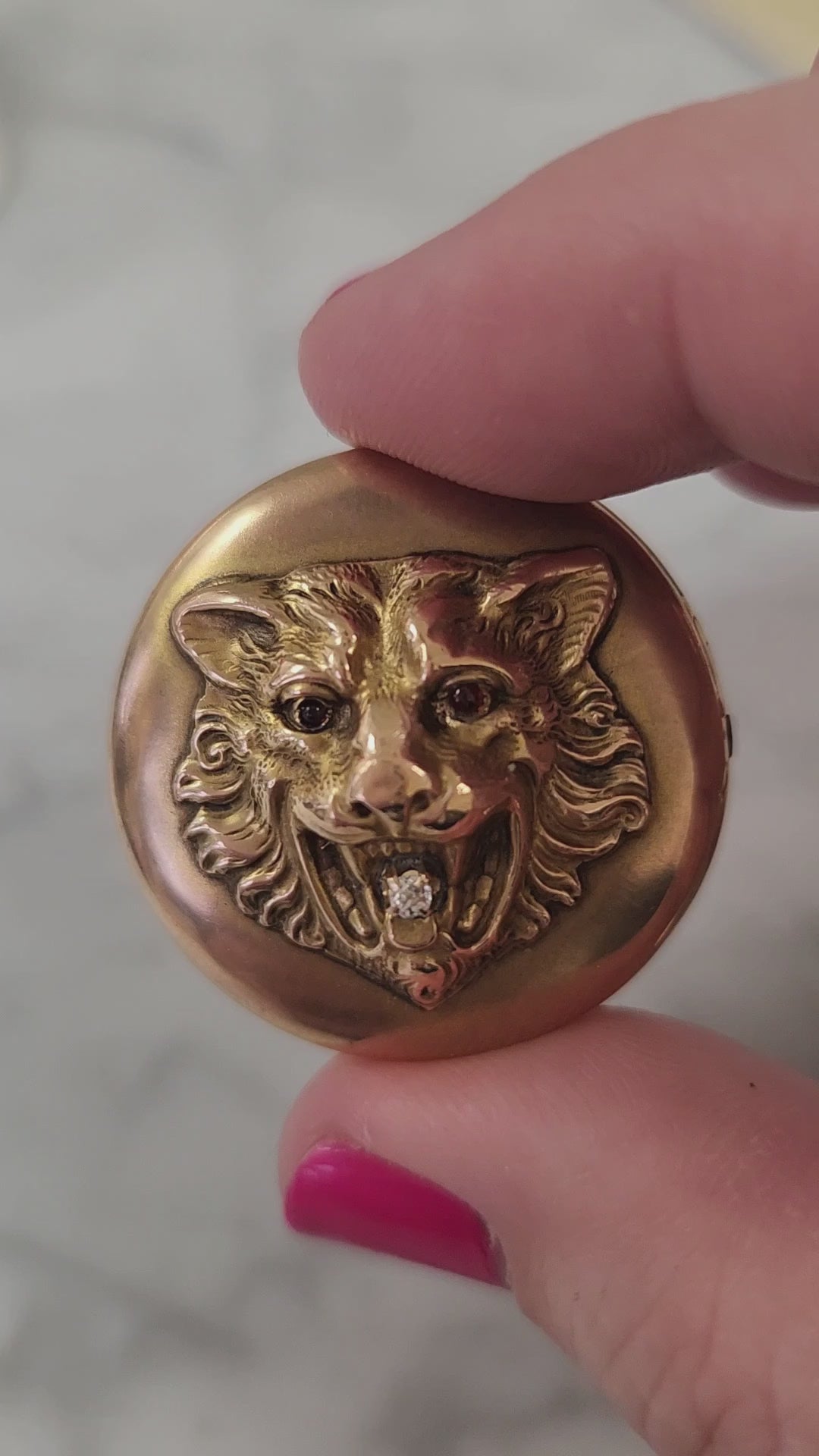 Exquisite Antique Victorian Lion's Head Locket with Old Mine Cut Diamond in 10k Yellow Gold