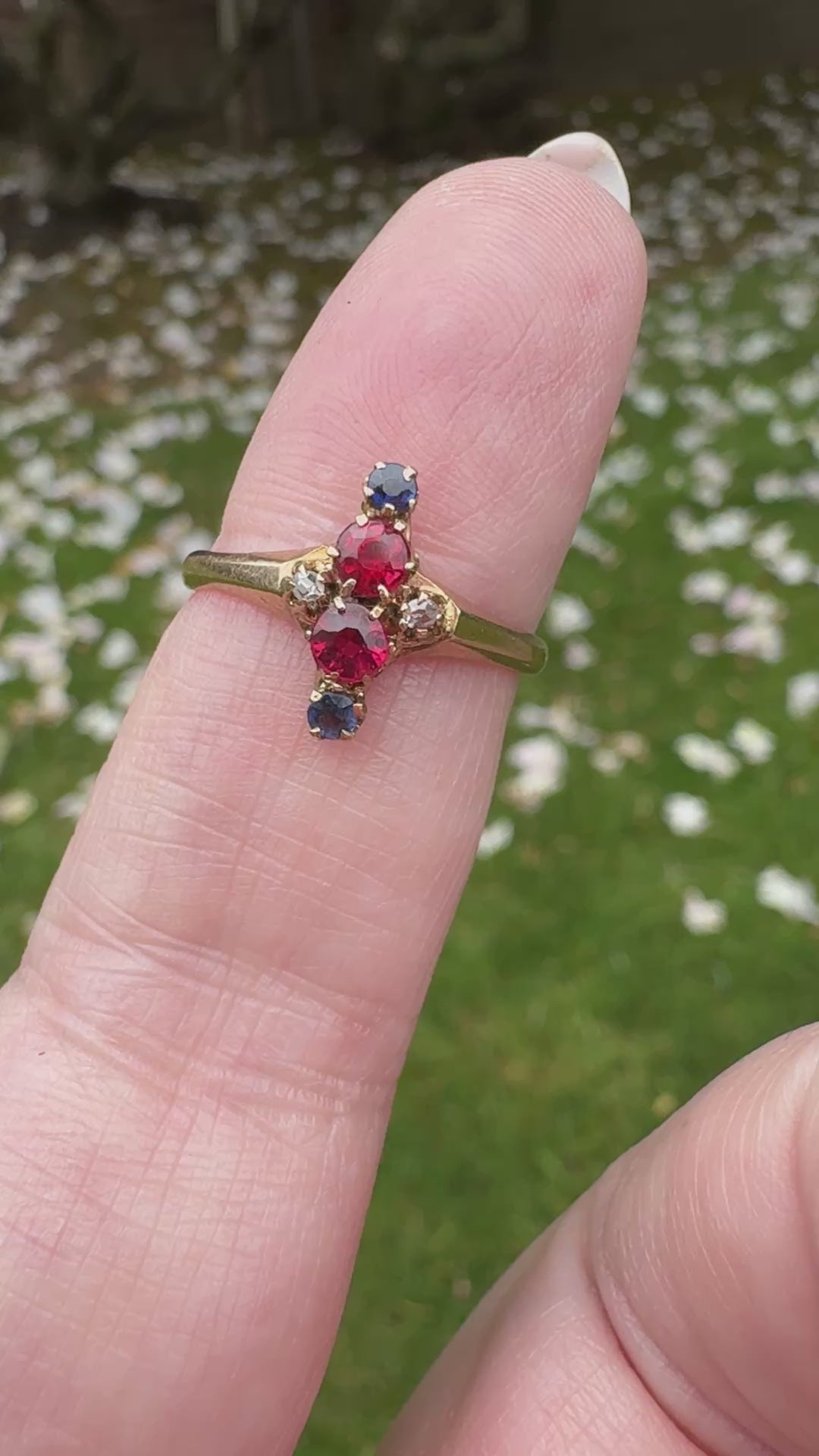 Antique Victorian Ruby Sapphire and Diamond Petite Navette Ring in 10k Rosy Gold