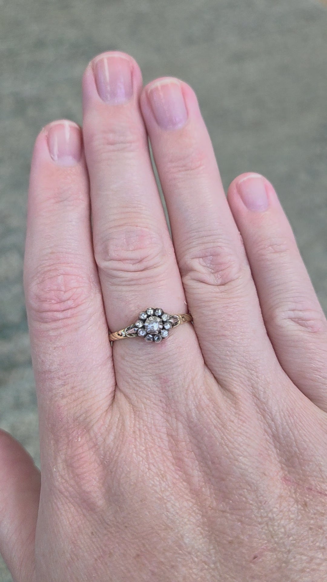 Petite Victorian Rose Cut Diamond Engraved Ring in Silver and 14k Yellow Gold