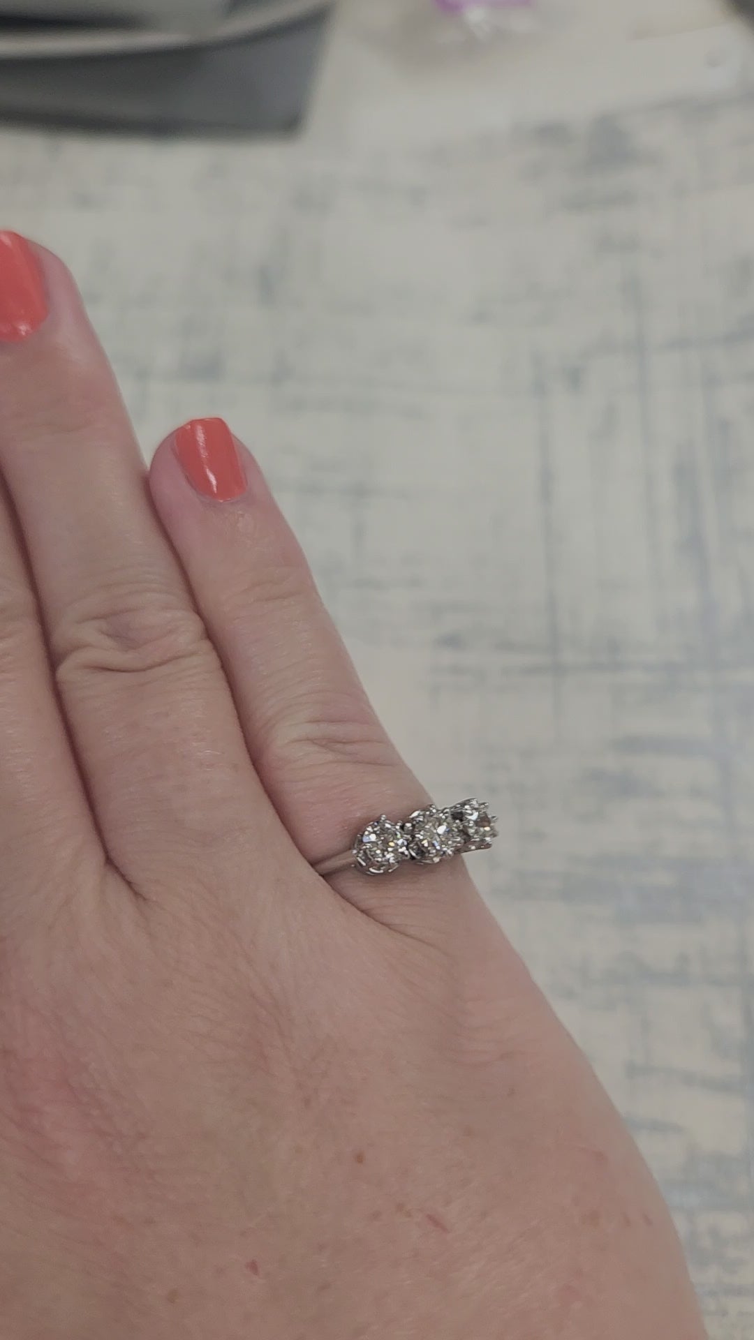 Art Deco Three Stone Old Mine Cut and Old European Cut Diamond Ring in Platinum