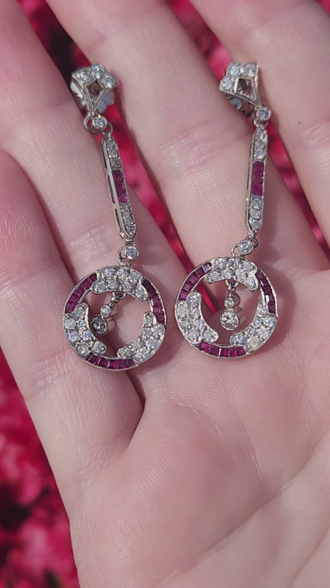 Dazzling Art Deco Old Cut Diamond and Ruby Earrings in Platinum