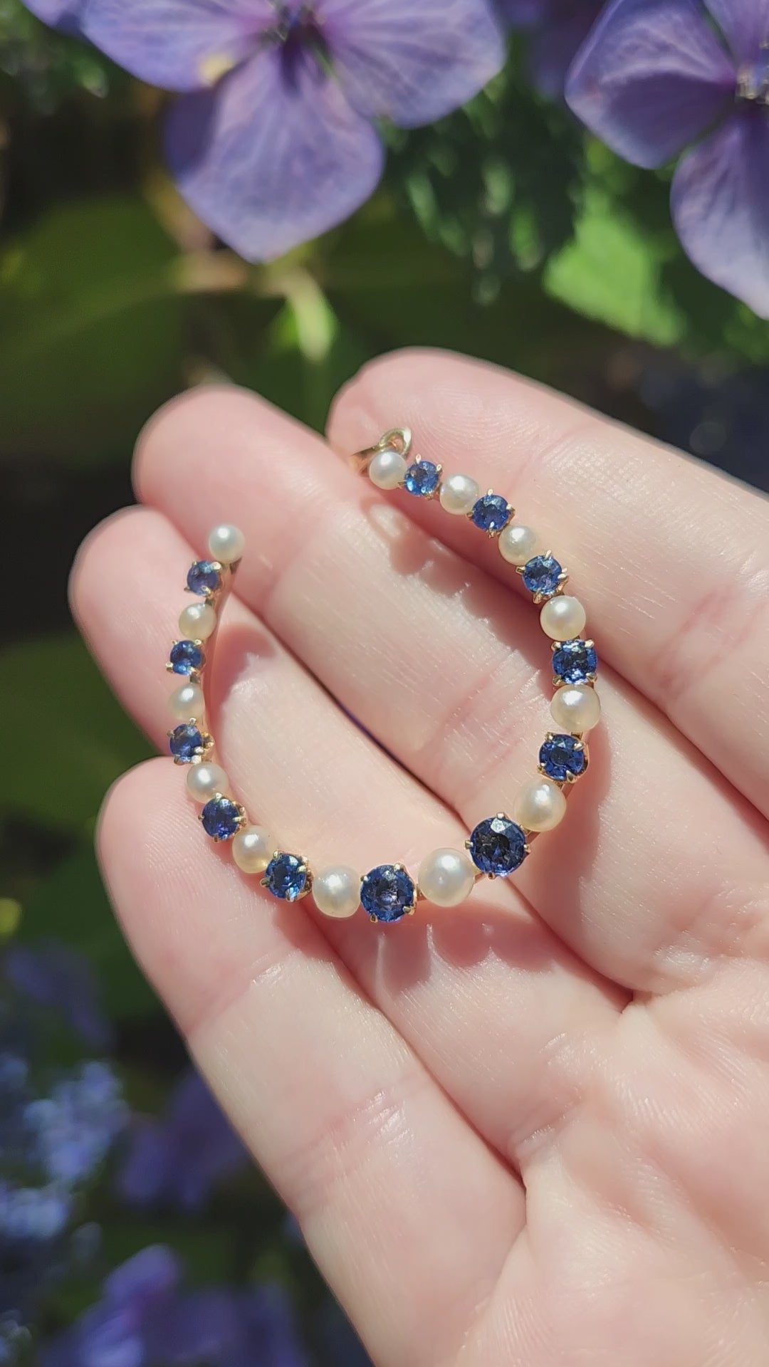 Victorian Yogo Montana Blue Sapphire and Pearl Horseshoe Good Luck Pendant in 14k