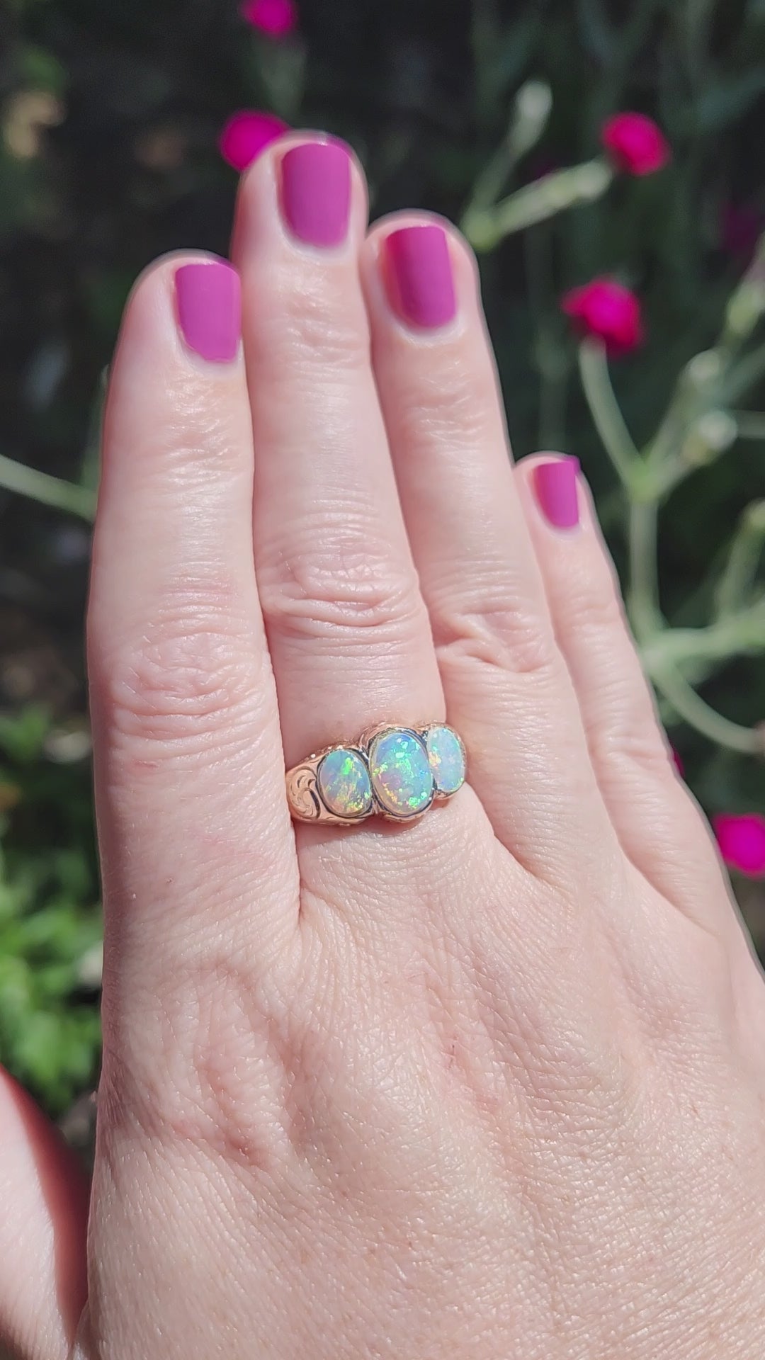 Late Victorian Bezel Set Opal Three Stone Engraved Band Ring in 14k Yellow Gold