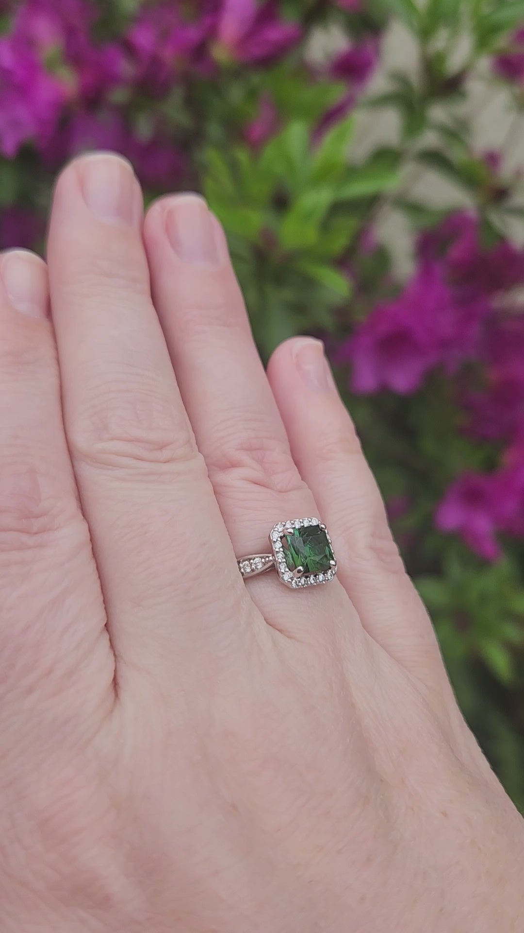 Brazilian Green Tourmaline and Diamond Halo Ring Size 7.25