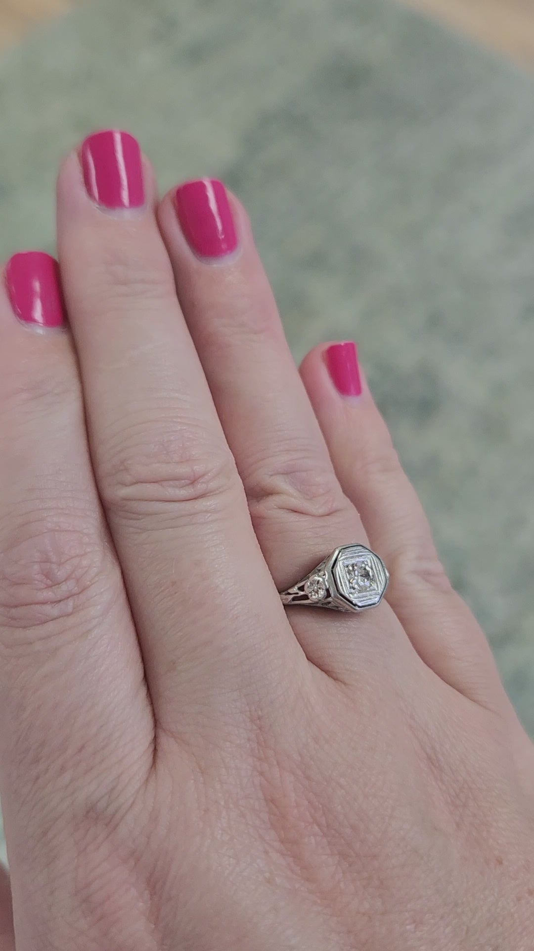 Classic Art Deco Diamond Solitaire Ring with Floral Engraving in 18k White Gold
