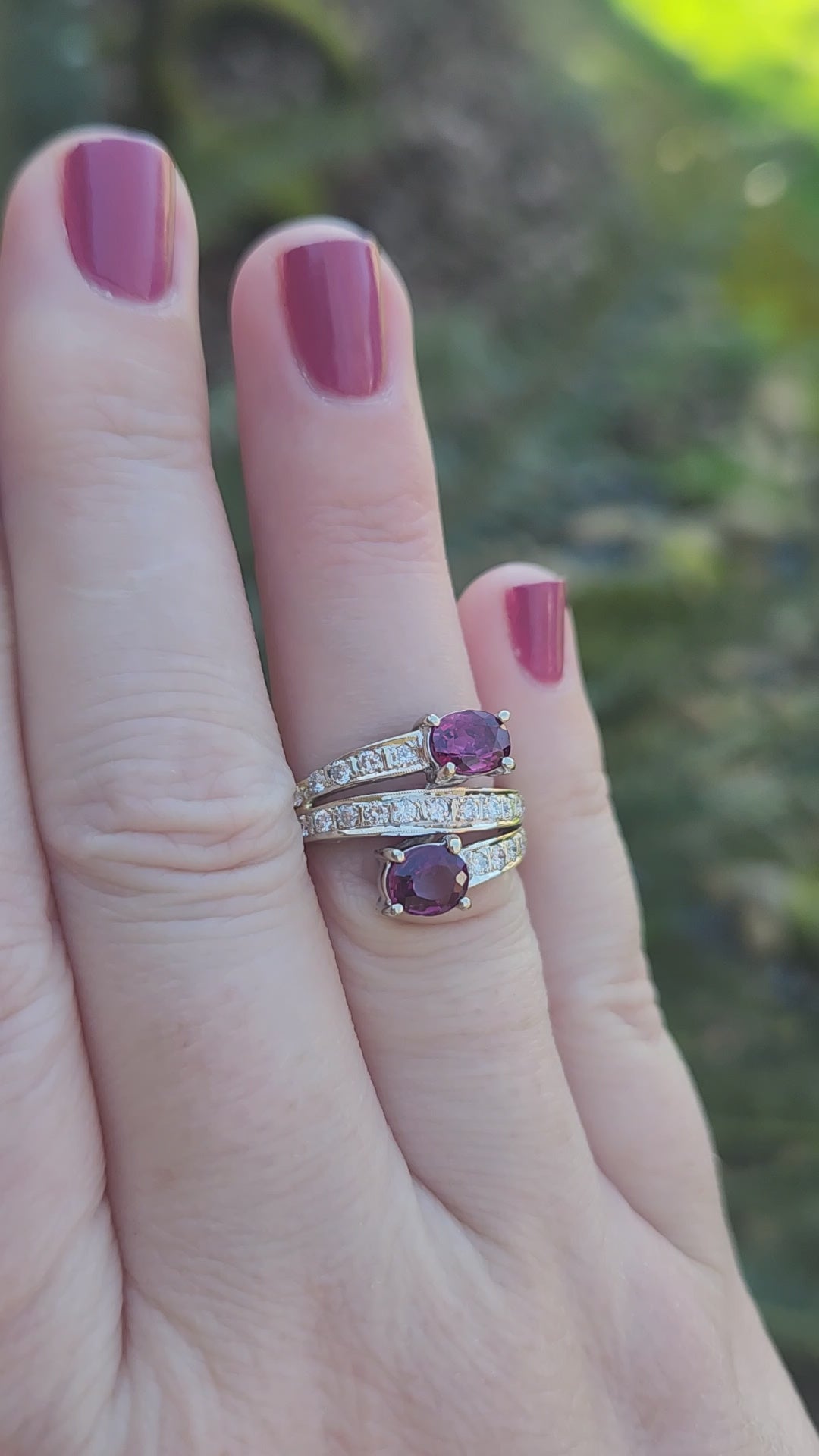 Vintage Double Ruby and Diamond Bypass Statement Ring in 18k White Gold