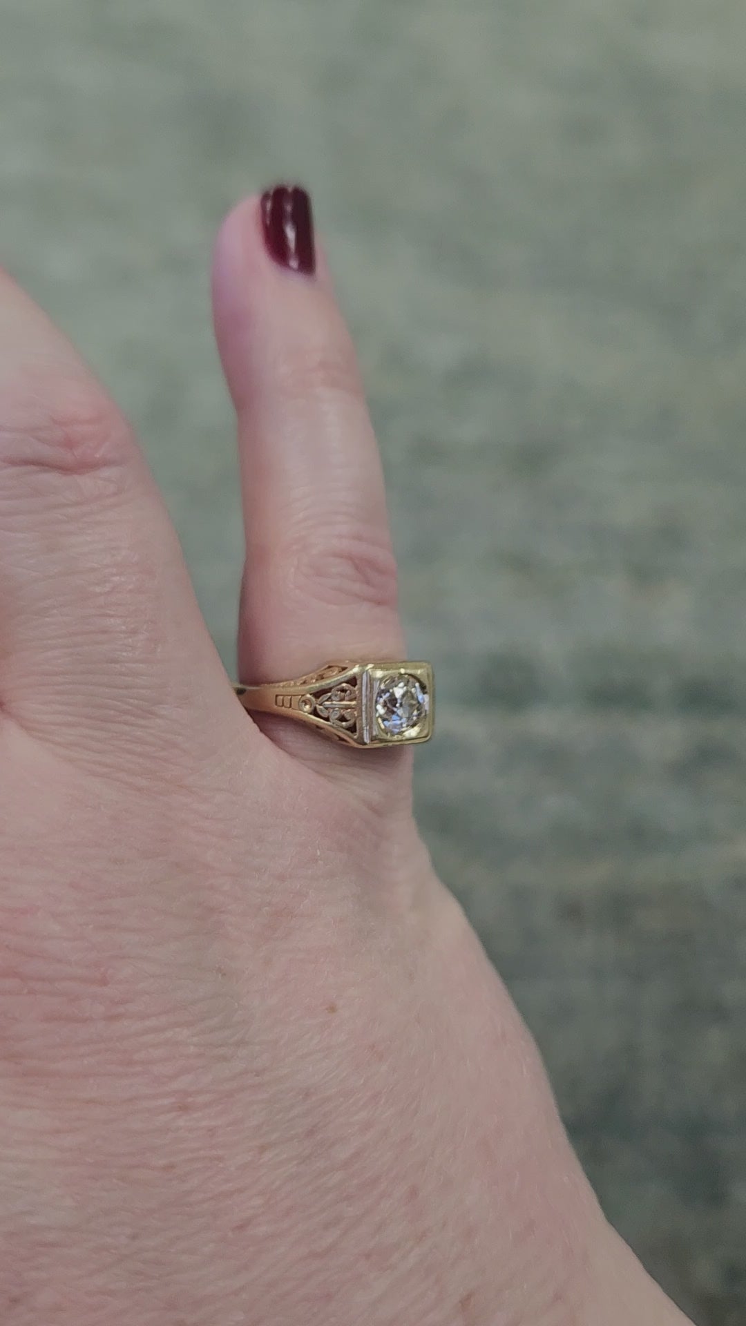 Art Deco Old European Cut Diamond Solitaire Filigree Ring in 14k Yellow Gold