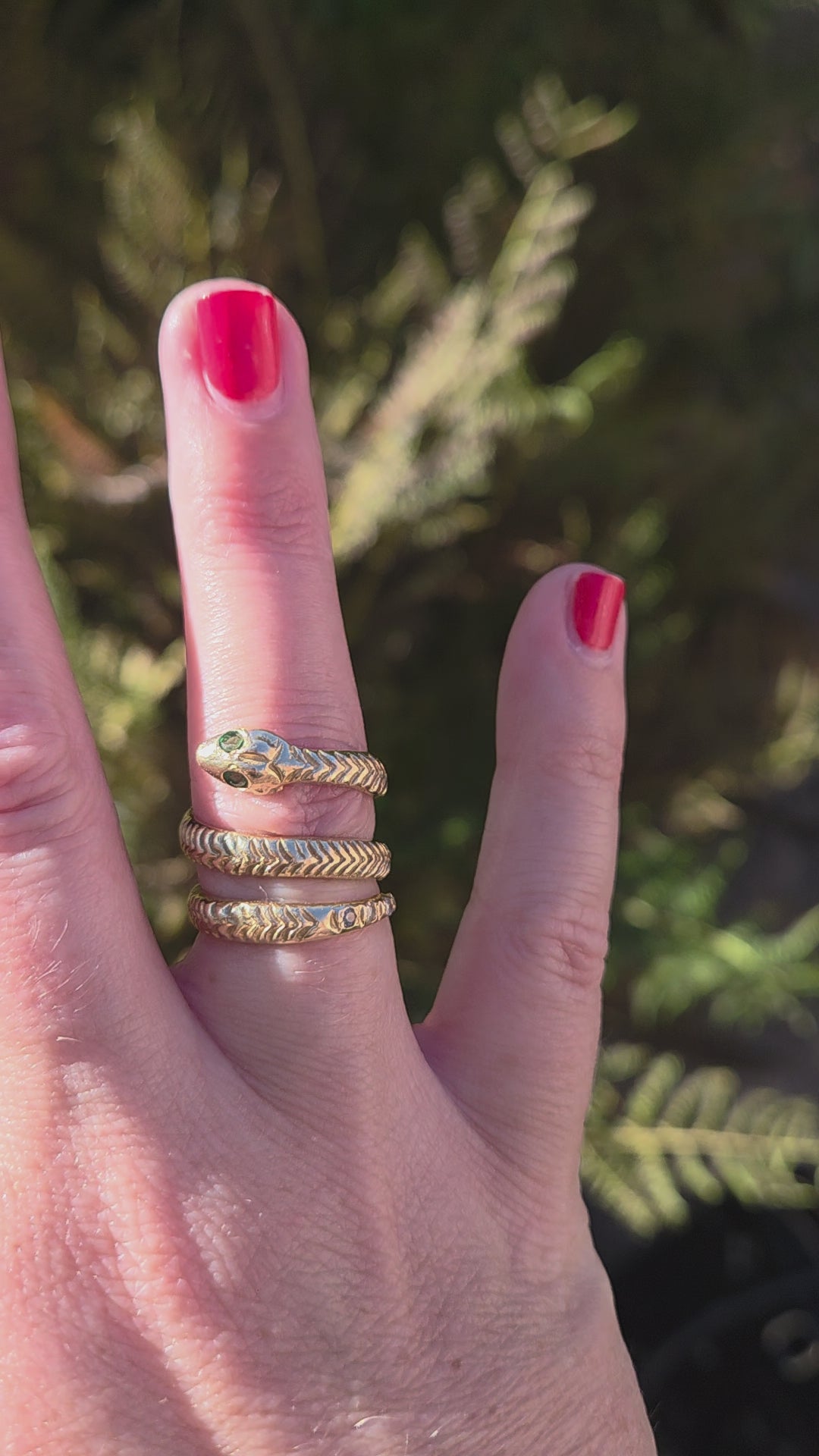 Vintage Emerald & Diamond Coiled Serpent Snake Ring in 14k Gold