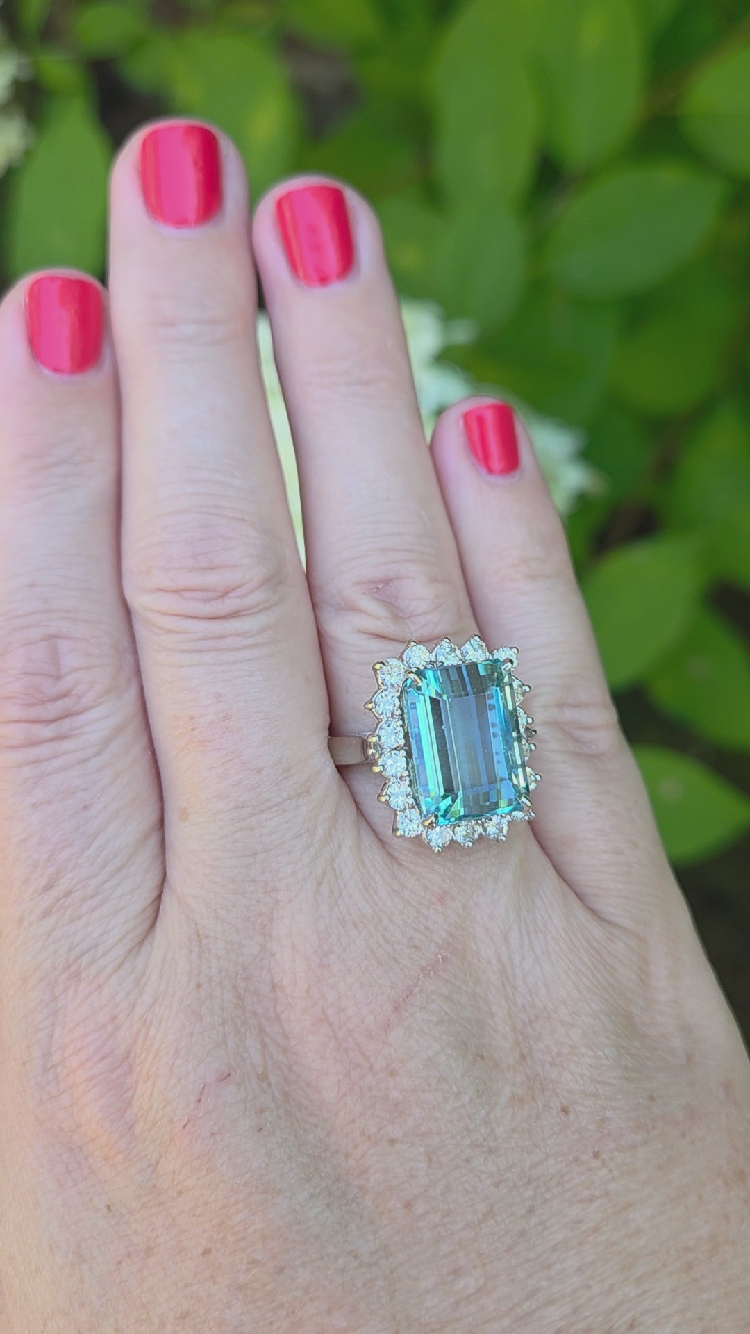 Vintage Emerald Cut Aquamarine Diamond Halo Cocktail Ring in 14K White Gold