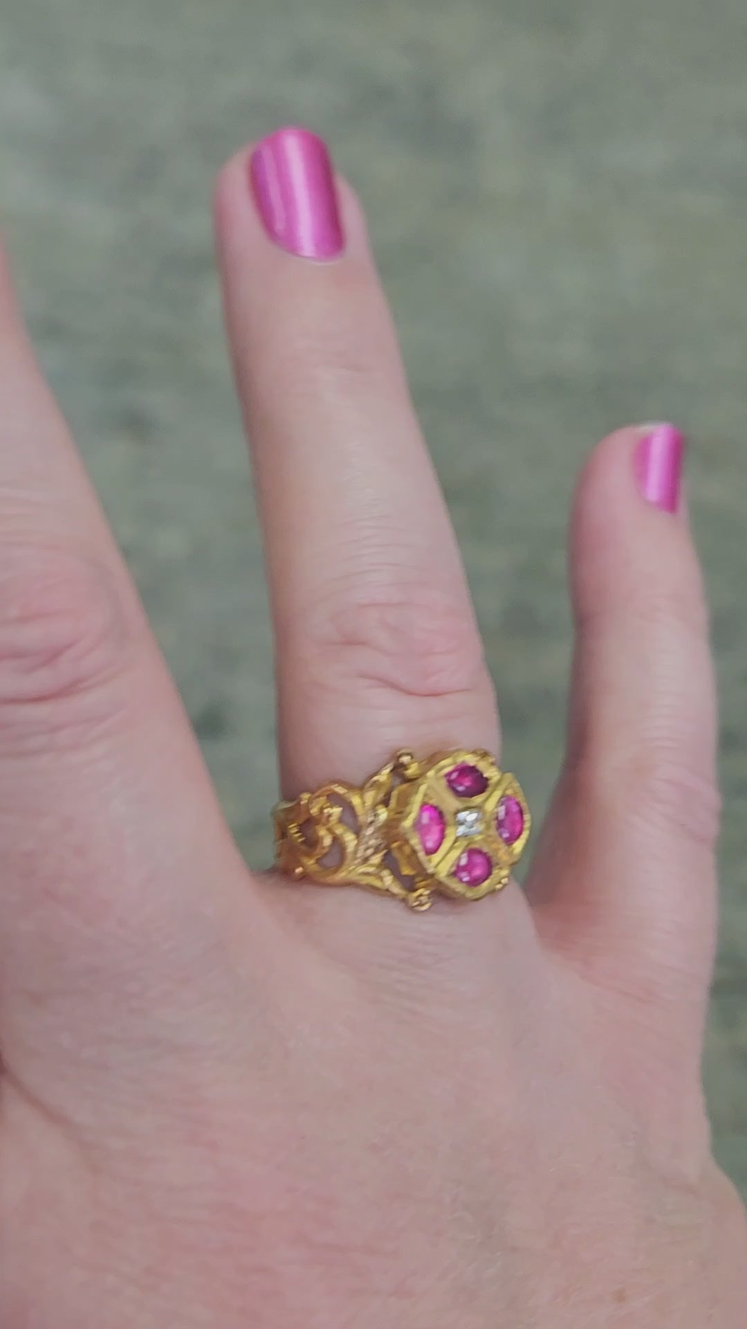 Ruby and Rose Cut Diamond Floral Scroll Band Ring in 22k Yellow Gold
