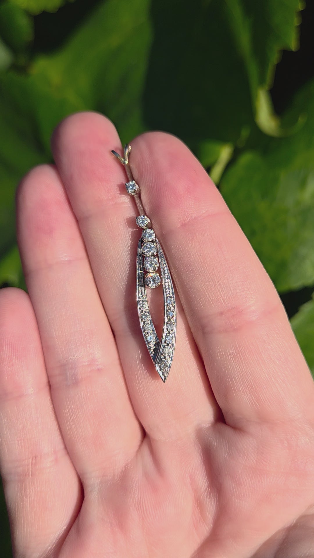 Mid-Century Modern Diamond Elongated Teardrop Pendant Necklace in 14k White Gold