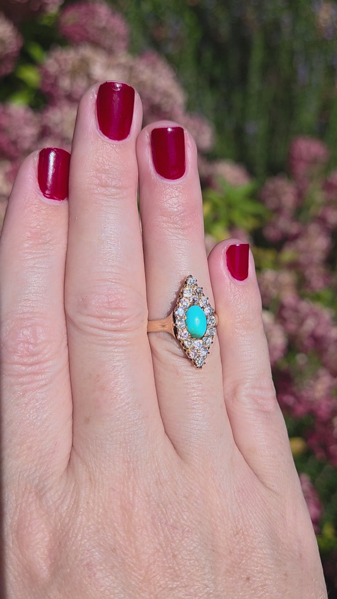 Victorian Turquoise and Old Mine Cut Diamond Navette Ring in 14k Yellow Gold
