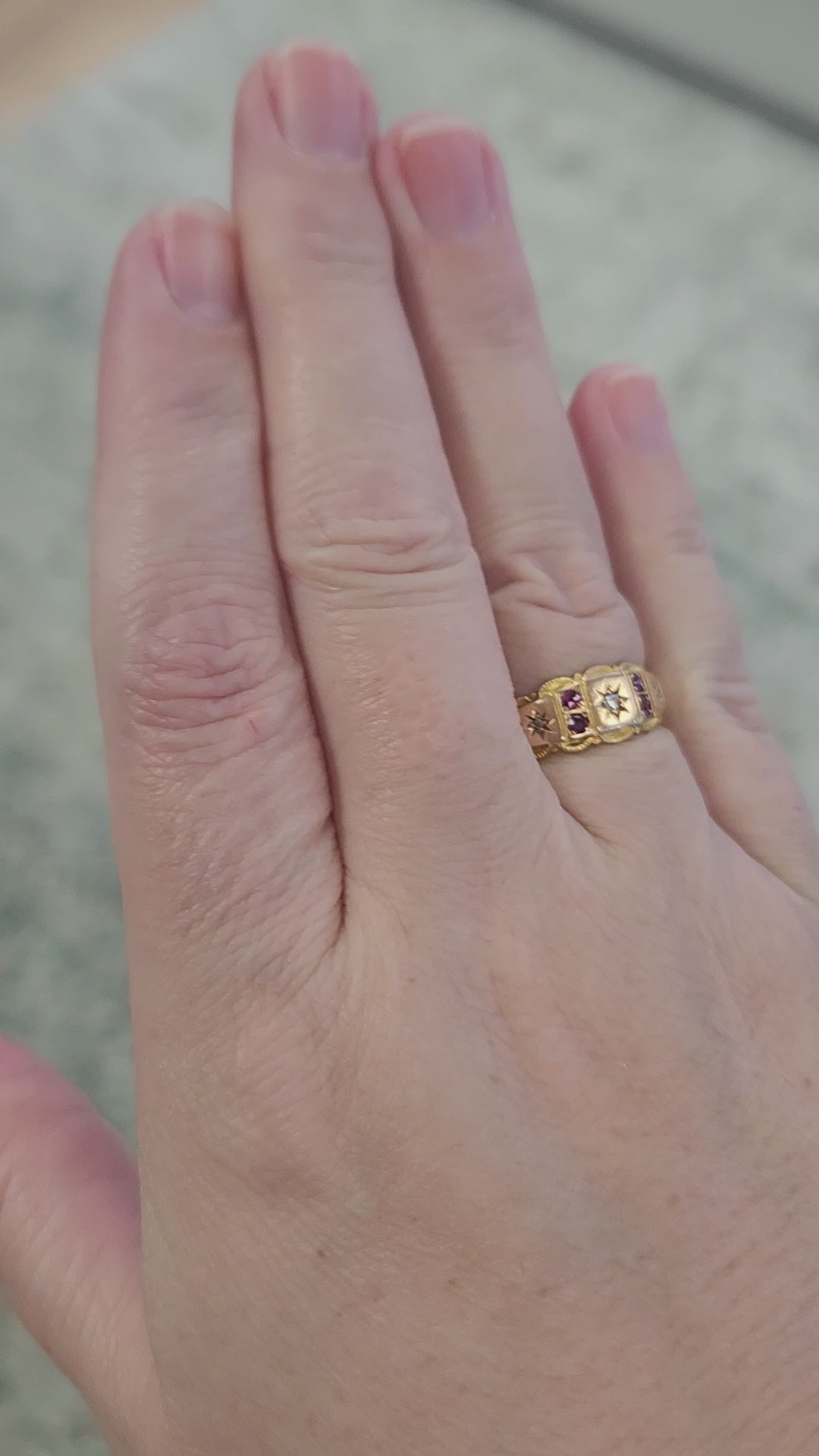 Antique Victorian Gypsy Set Ruby and Rose Cut Diamond Band Ring in 15k Yellow Gold