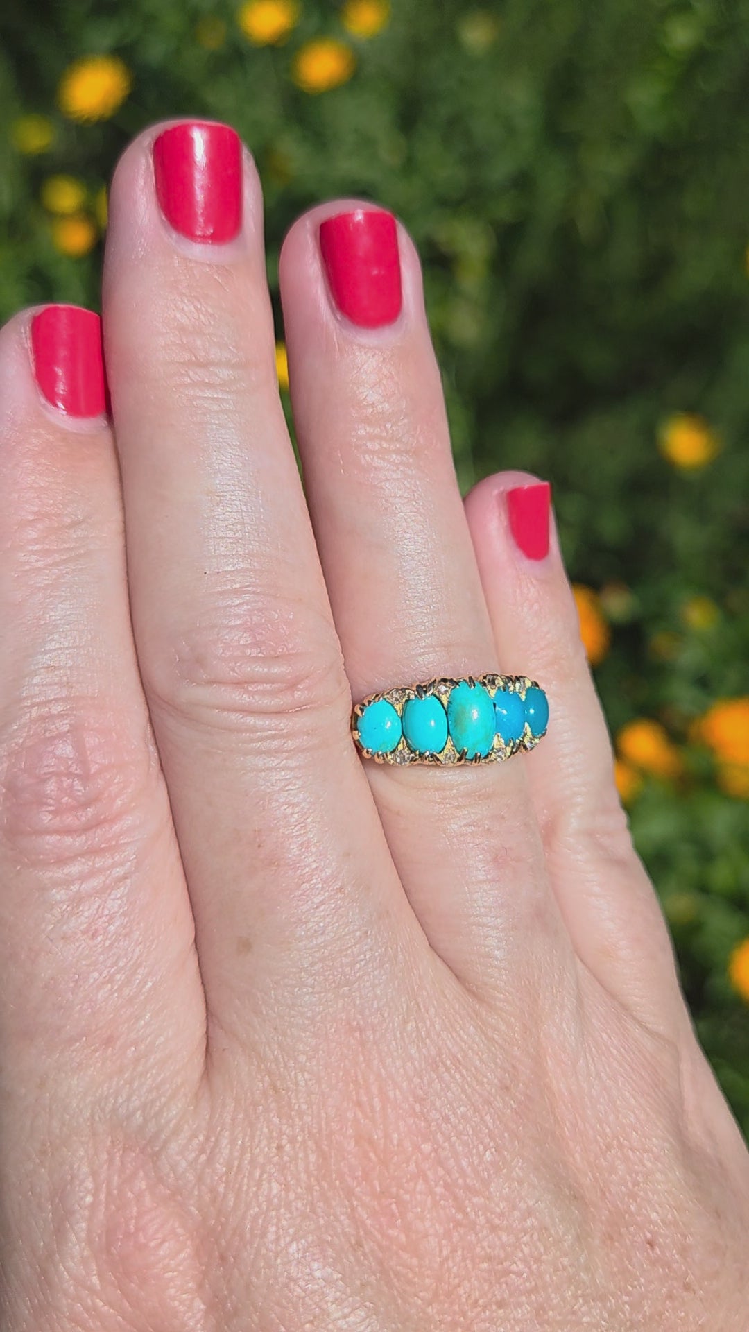 Victorian Turquoise & Rose Cut Diamond Five Stone Band Ring in 18k Yellow Gold