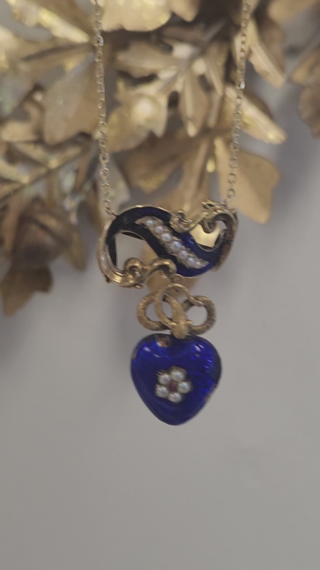 Antique Victorian Serpent Heart Locket in Blue Enamel Pendant Necklace in 14k Gold