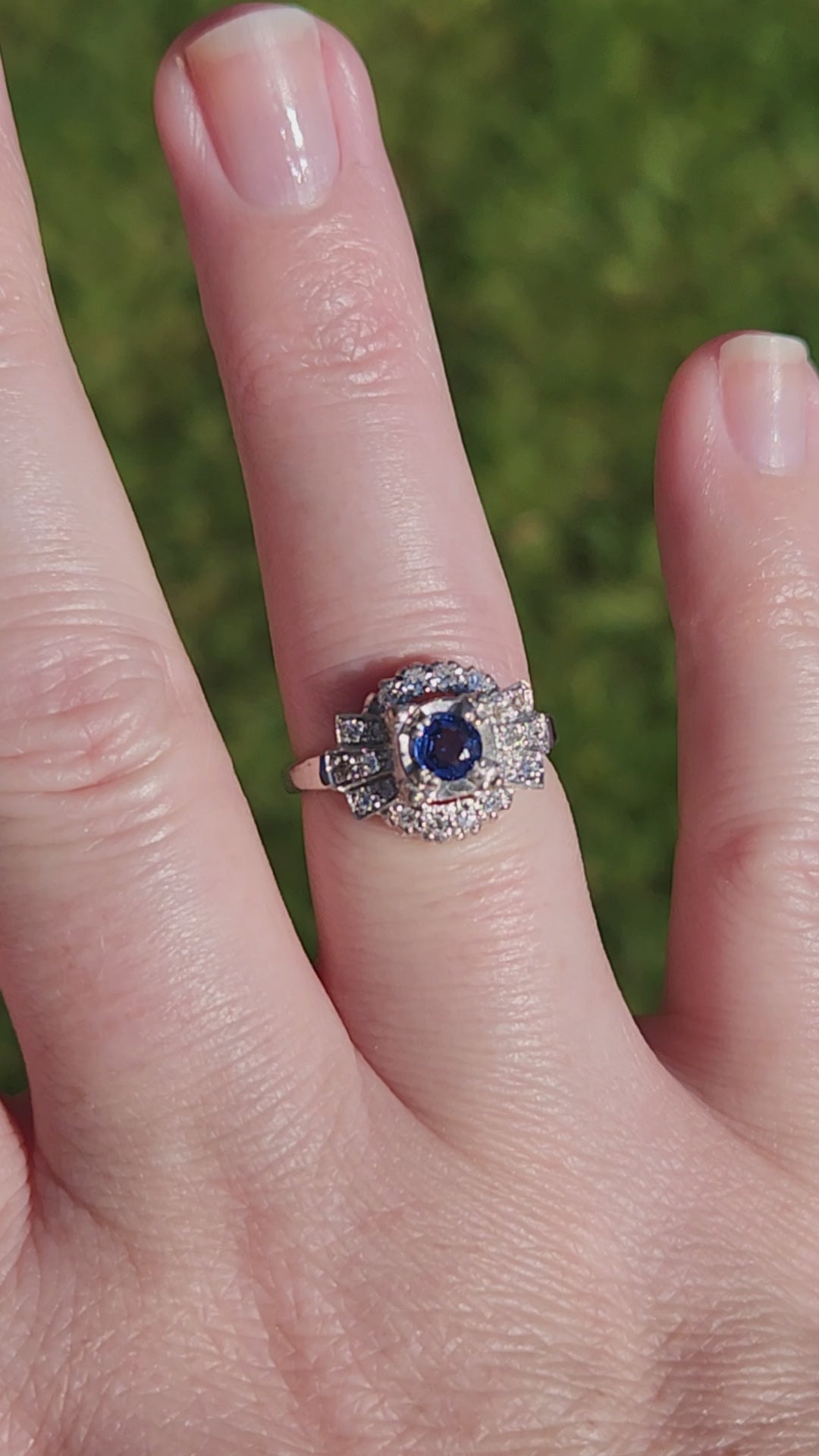 Art Deco Yogo Montana Sapphire and Diamond Ring in 14k White Gold