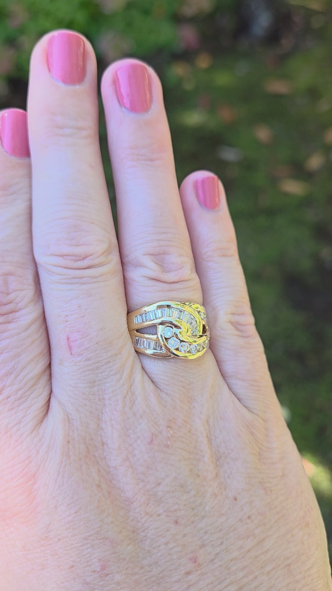 Baguette & Round Diamond Crossover Statement Ring in 14k Yellow Gold