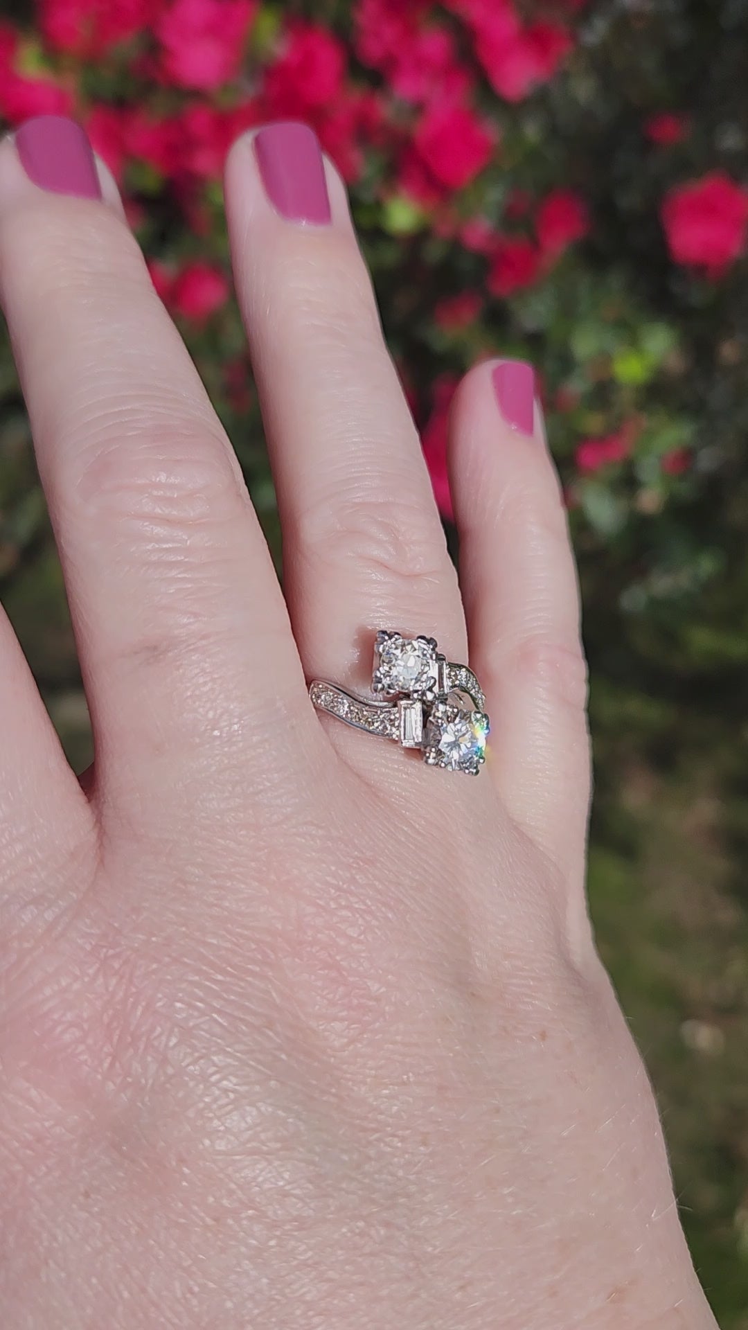 Late Art Deco Old European Cut Diamond Toi et Moi Bypass Ring in 18k White Gold
