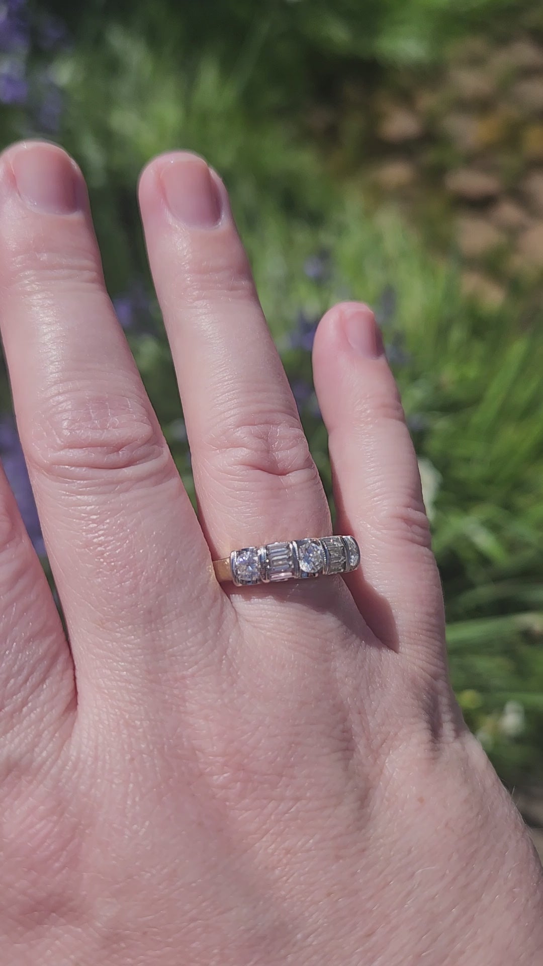 Sparkling Round and Baguette Cut Diamond Band Ring in 14k Yellow Gold