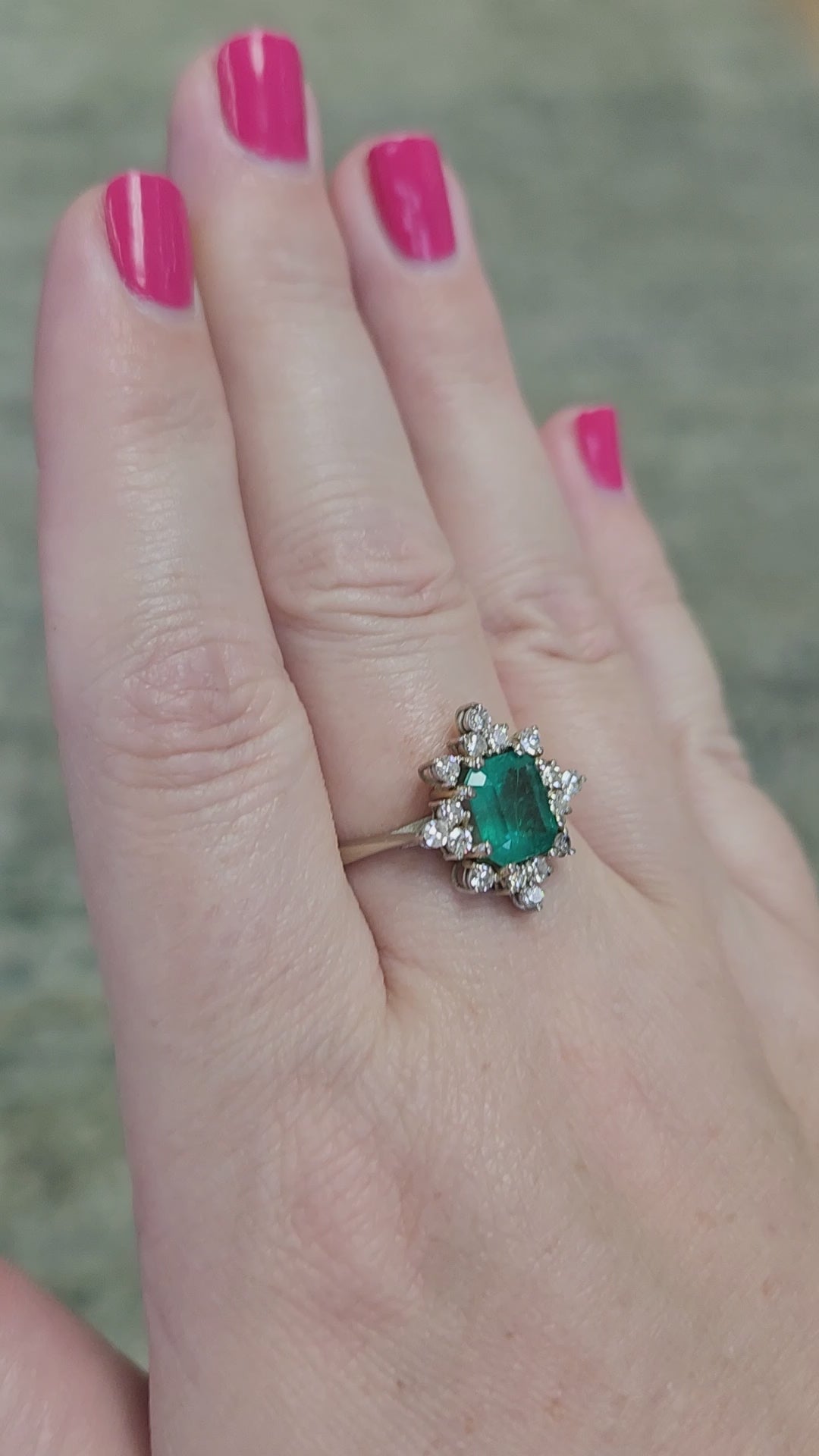 Fine Vintage Emerald Cut Natural Emerald and Diamond Ring in 14k White Gold