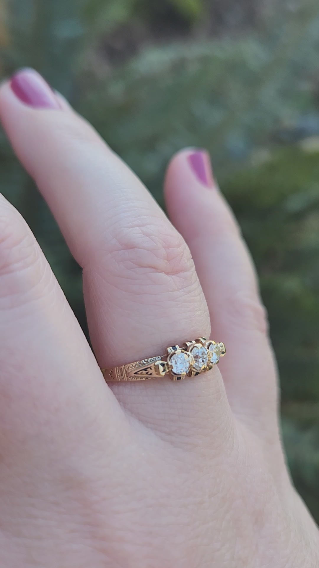 Victorian Old European Cut Diamond Three Stone Engagement Ring in 18k Yellow Gold