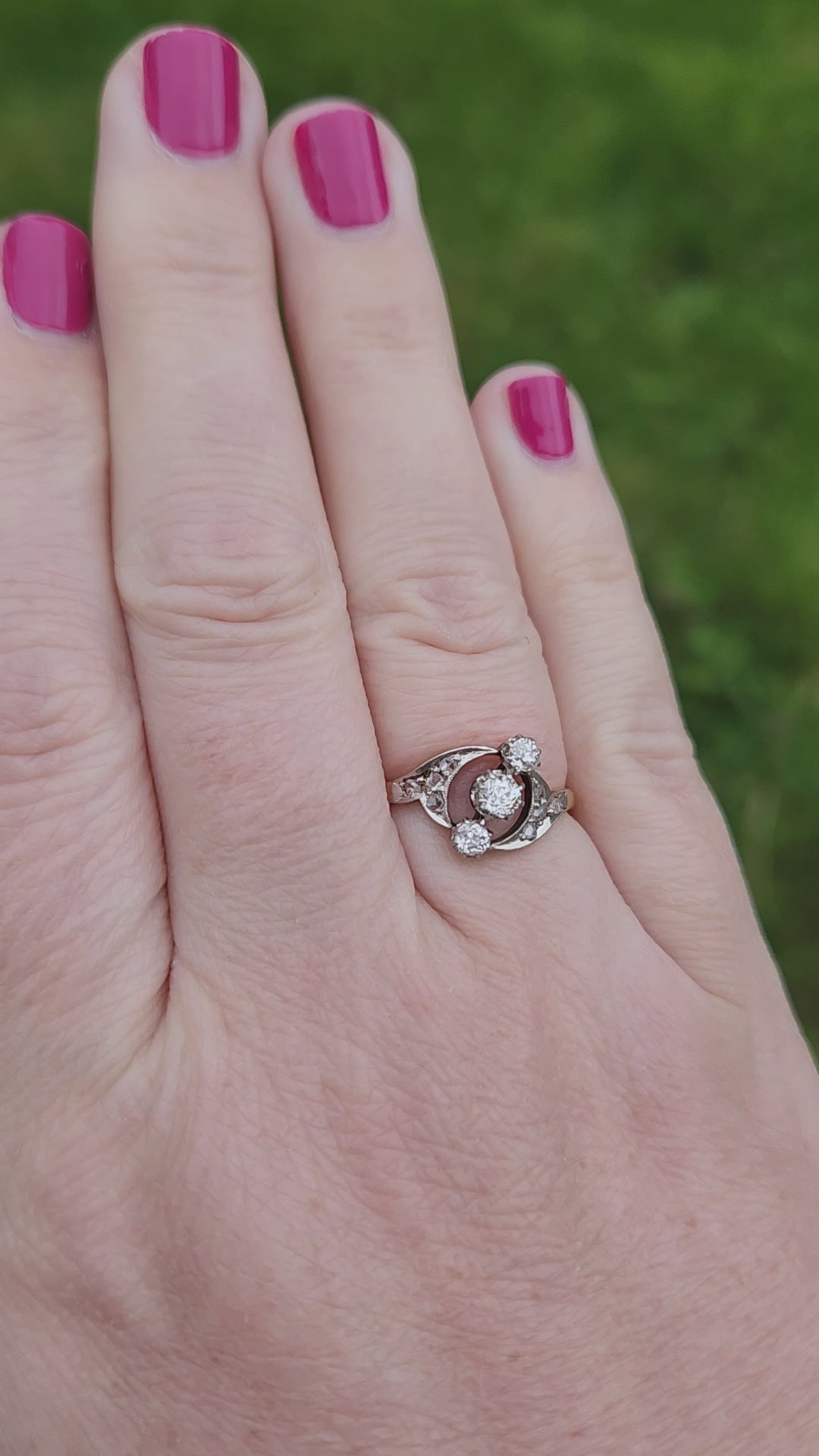 Edwardian Three Stone Old European and Rose Cut Diamond Ring in 18k White and Yellow Gold