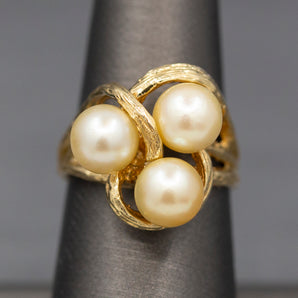 Triple Golden Pearl Textured Cocktail Ring in 14k Yellow Gold