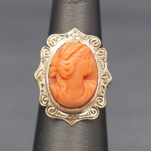 Antique Victorian Coral Cameo Ring with Engraved Frame in 10k Yellow Gold
