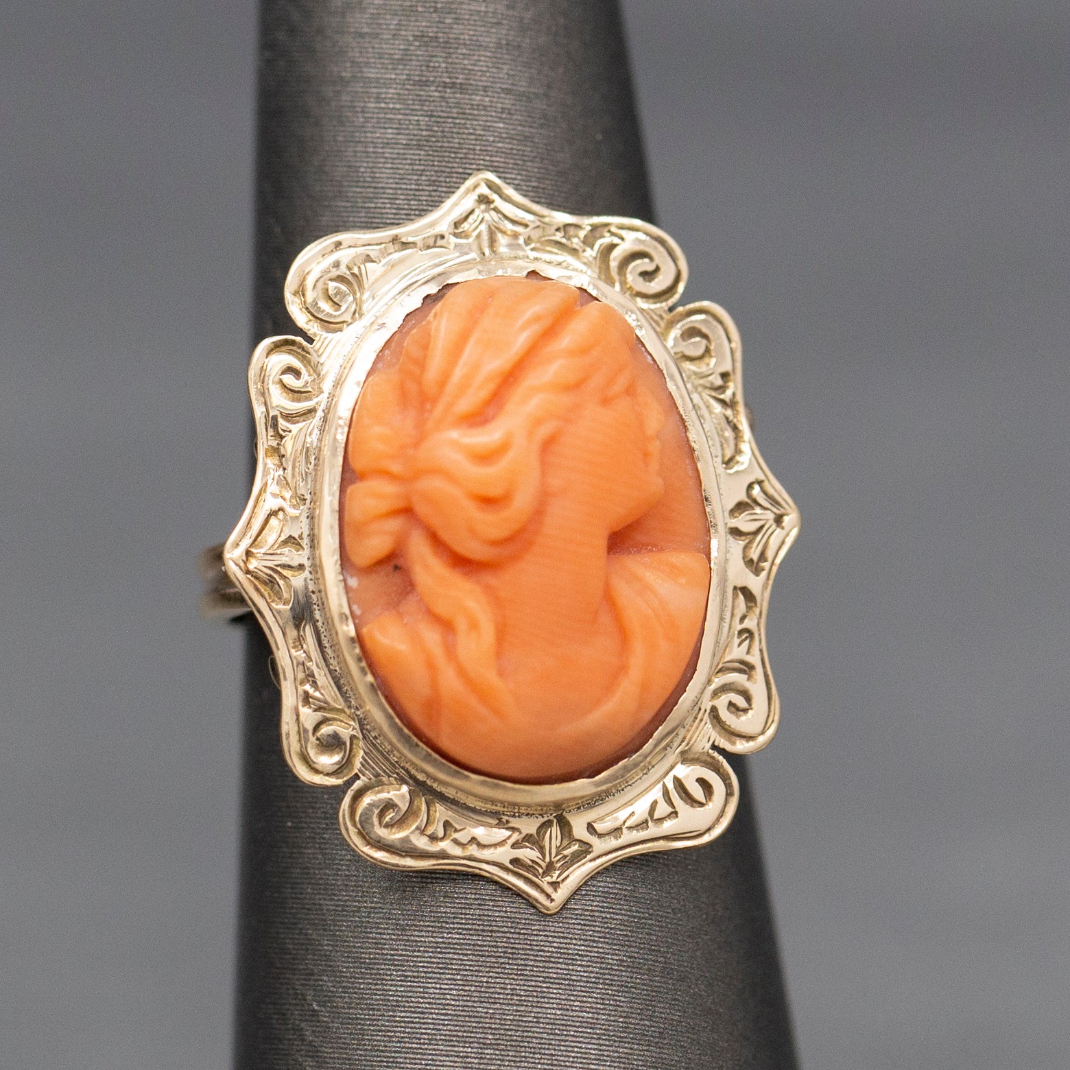 Antique Victorian Coral Cameo Ring with Engraved Frame in 10k Yellow Gold